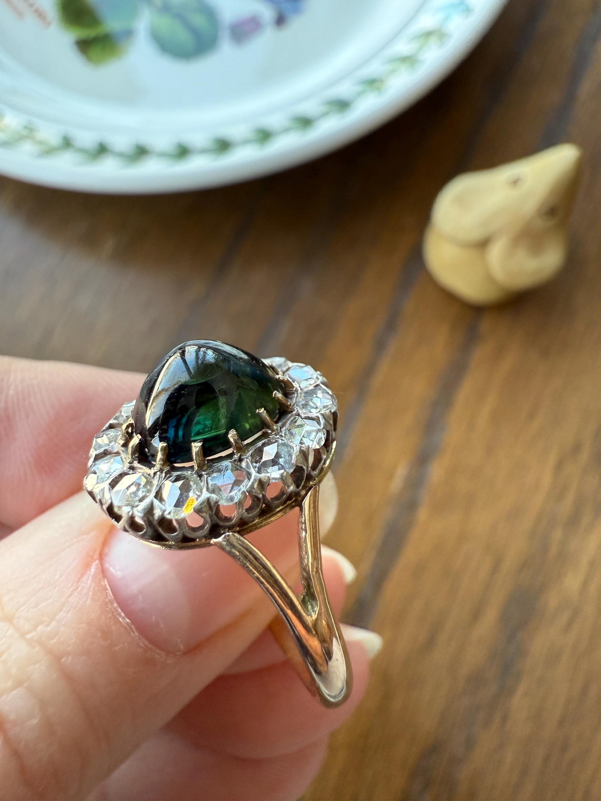 SAPPHIRE Antique Natural Blue Green Cabochon Rose Cut DIAMOND Halo Ring 14k Gold & Silver Domed Orb Unique Teal Gift Stacker