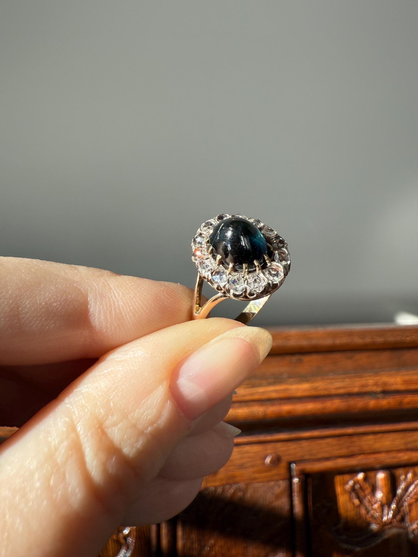 SAPPHIRE Antique Natural Blue Green Cabochon Rose Cut DIAMOND Halo Ring 14k Gold & Silver Domed Orb Unique Teal Gift Stacker