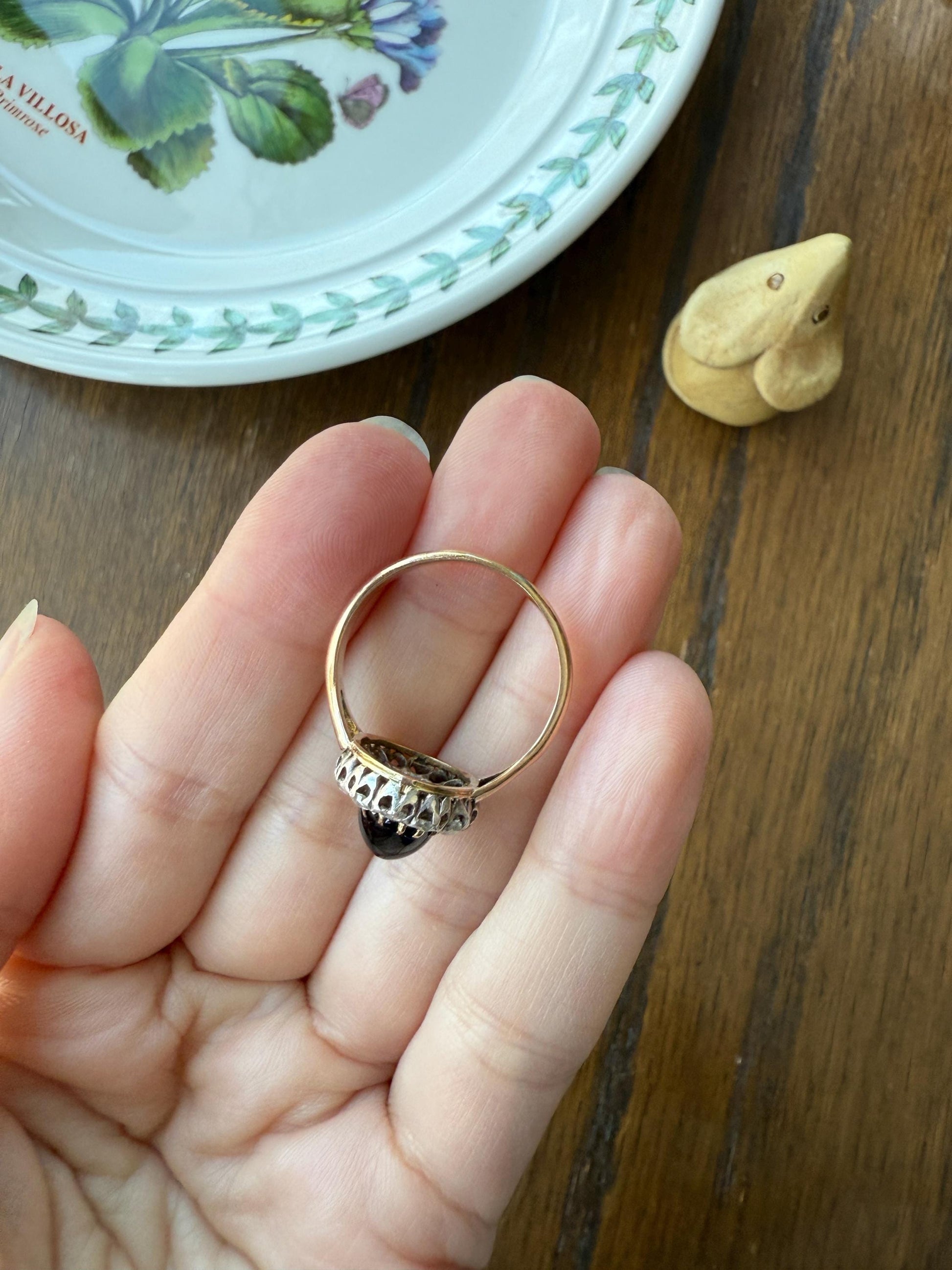 SAPPHIRE Antique Natural Blue Green Cabochon Rose Cut DIAMOND Halo Ring 14k Gold & Silver Domed Orb Unique Teal Gift Stacker