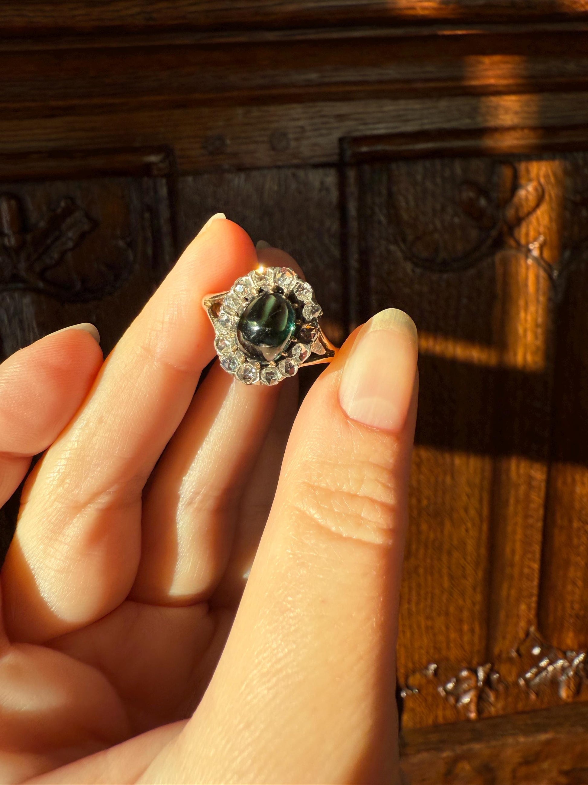 SAPPHIRE Antique Natural Blue Green Cabochon Rose Cut DIAMOND Halo Ring 14k Gold & Silver Domed Orb Unique Teal Gift Stacker