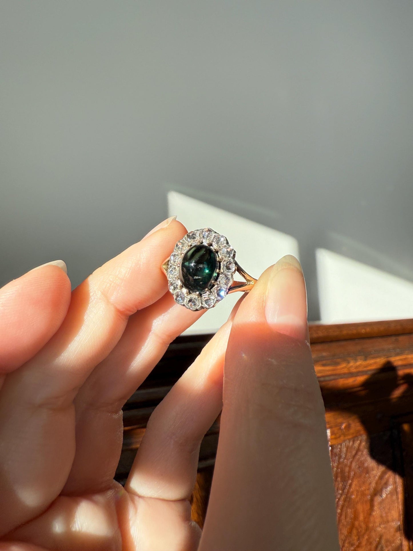 SAPPHIRE Antique Natural Blue Green Cabochon Rose Cut DIAMOND Halo Ring 14k Gold & Silver Domed Orb Unique Teal Gift Stacker