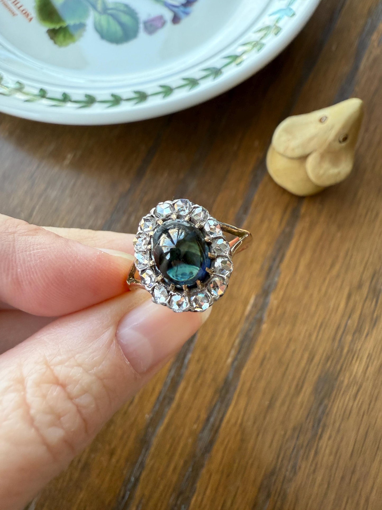 SAPPHIRE Antique Natural Blue Green Cabochon Rose Cut DIAMOND Halo Ring 14k Gold & Silver Domed Orb Unique Teal Gift Stacker