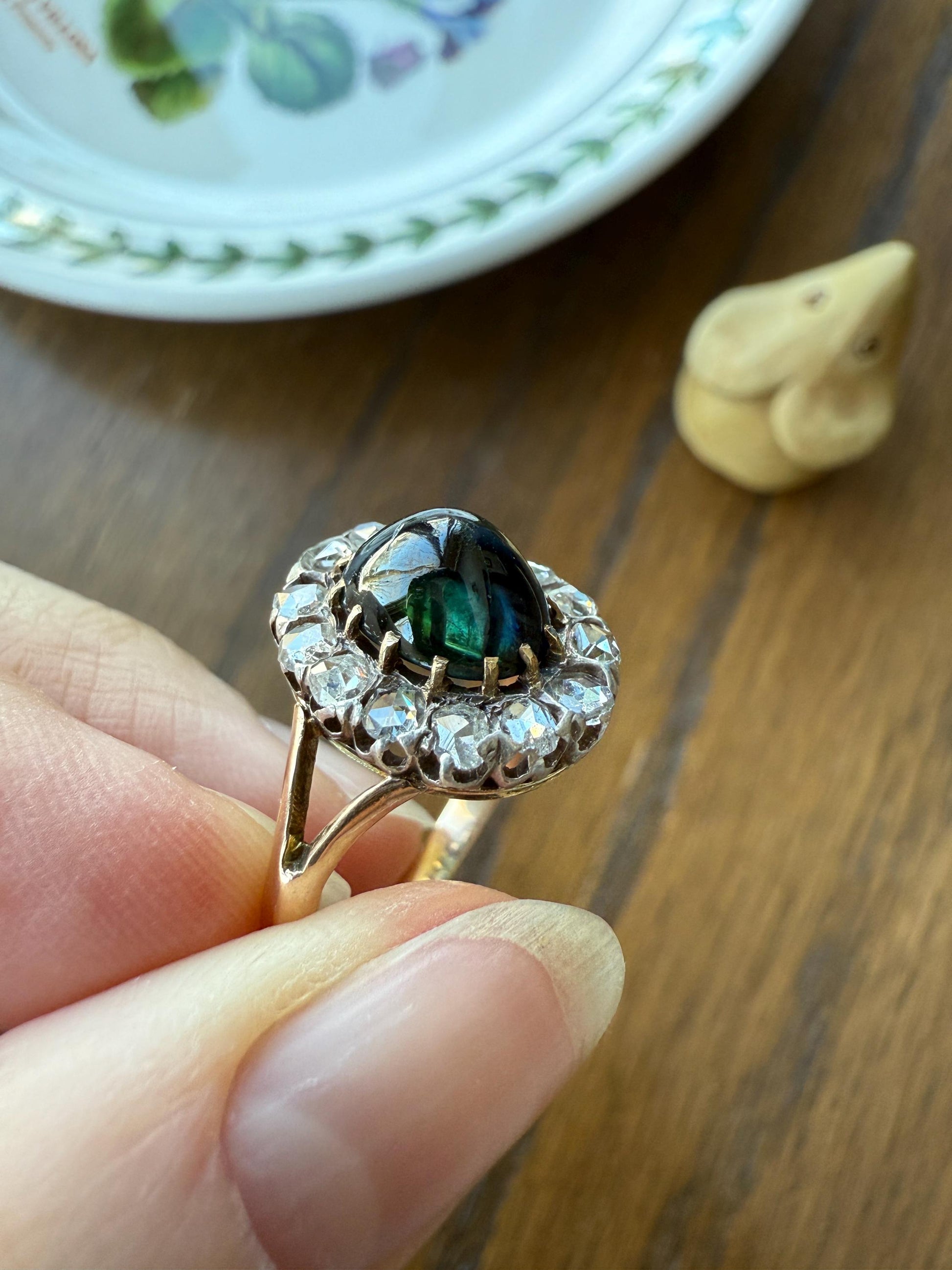 SAPPHIRE Antique Natural Blue Green Cabochon Rose Cut DIAMOND Halo Ring 14k Gold & Silver Domed Orb Unique Teal Gift Stacker