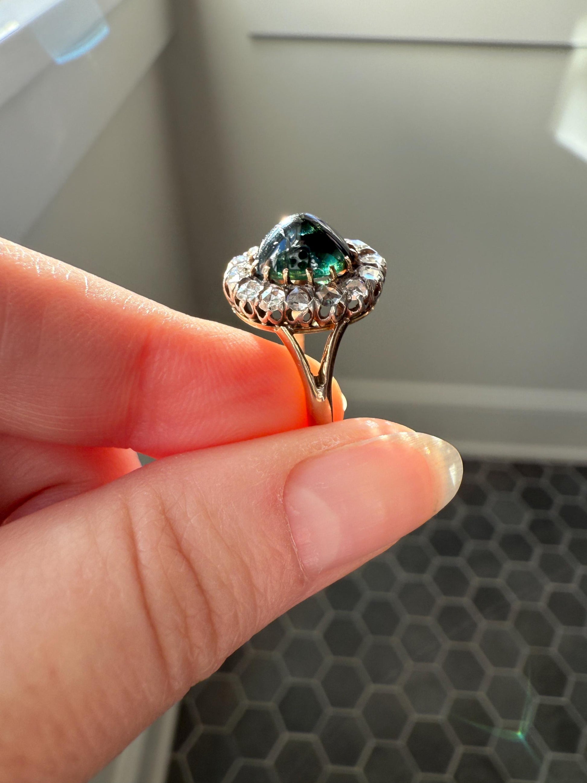 SAPPHIRE Antique Natural Blue Green Cabochon Rose Cut DIAMOND Halo Ring 14k Gold & Silver Domed Orb Unique Teal Gift Stacker