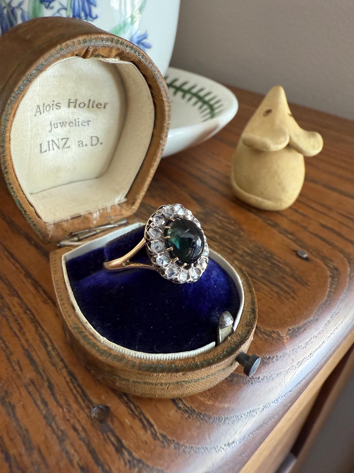 SAPPHIRE Antique Natural Blue Green Cabochon Rose Cut DIAMOND Halo Ring 14k Gold & Silver Domed Orb Unique Teal Gift Stacker