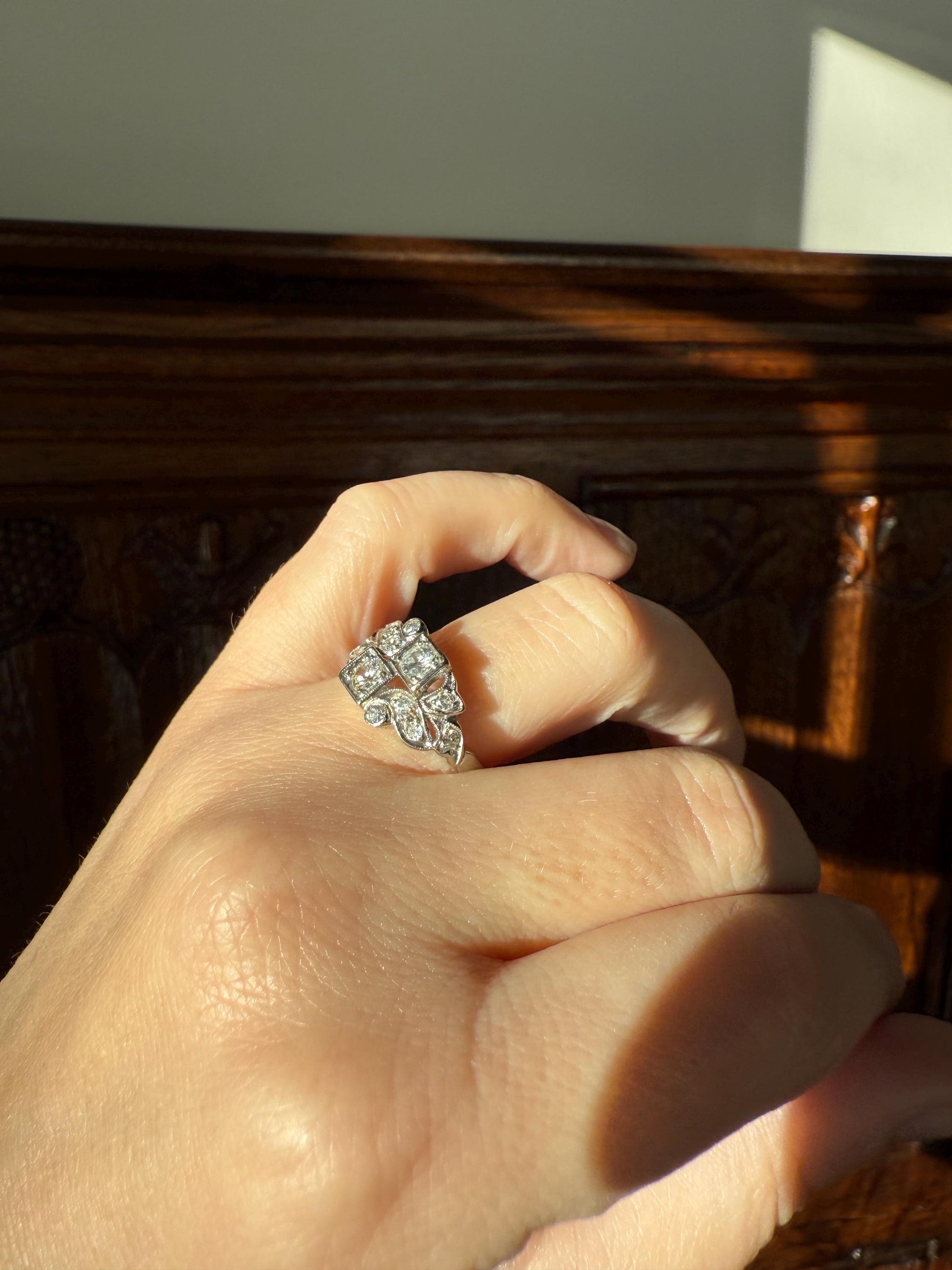 Unique Antique Asymmetrical Floral Ring Art Deco Transitional Old Single Cut Diamond 14k White Gold Swirled Square Bezel Double Band Stacker