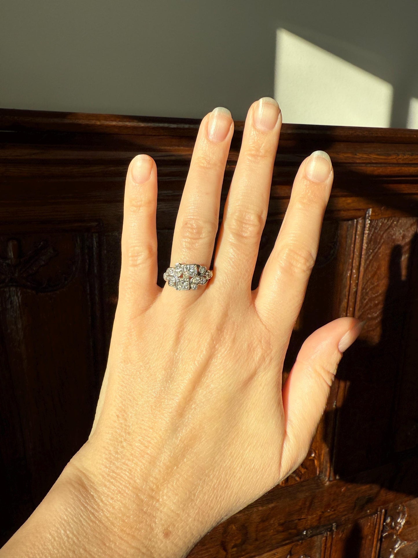 Unique Antique Asymmetrical Floral Ring Art Deco Transitional Old Single Cut Diamond 14k White Gold Swirled Square Bezel Double Band Stacker