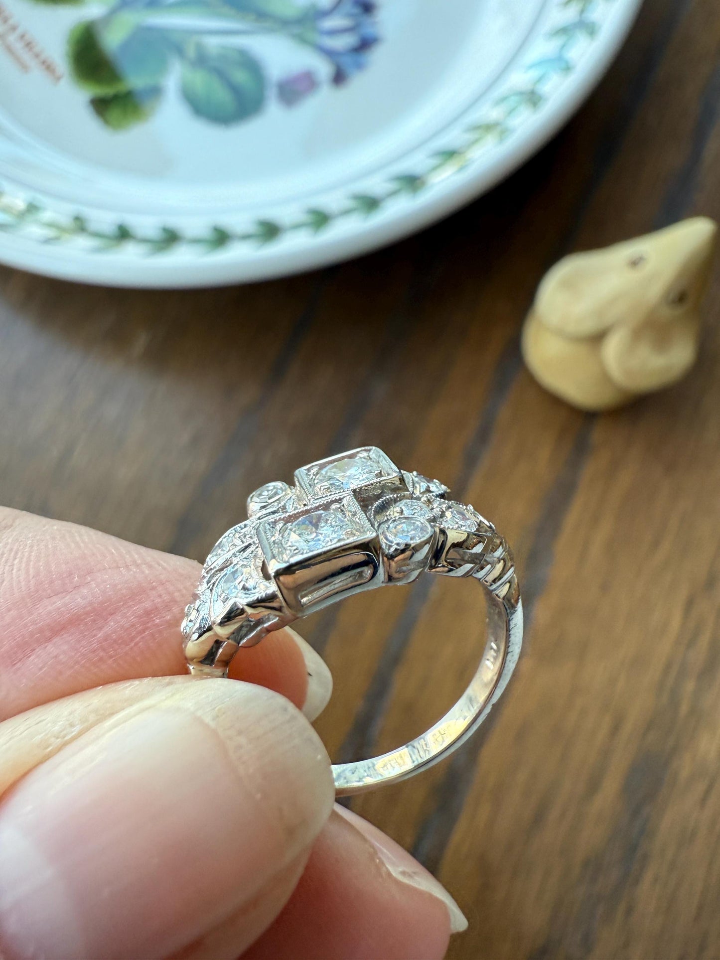 Unique Antique Asymmetrical Floral Ring Art Deco Transitional Old Single Cut Diamond 14k White Gold Swirled Square Bezel Double Band Stacker