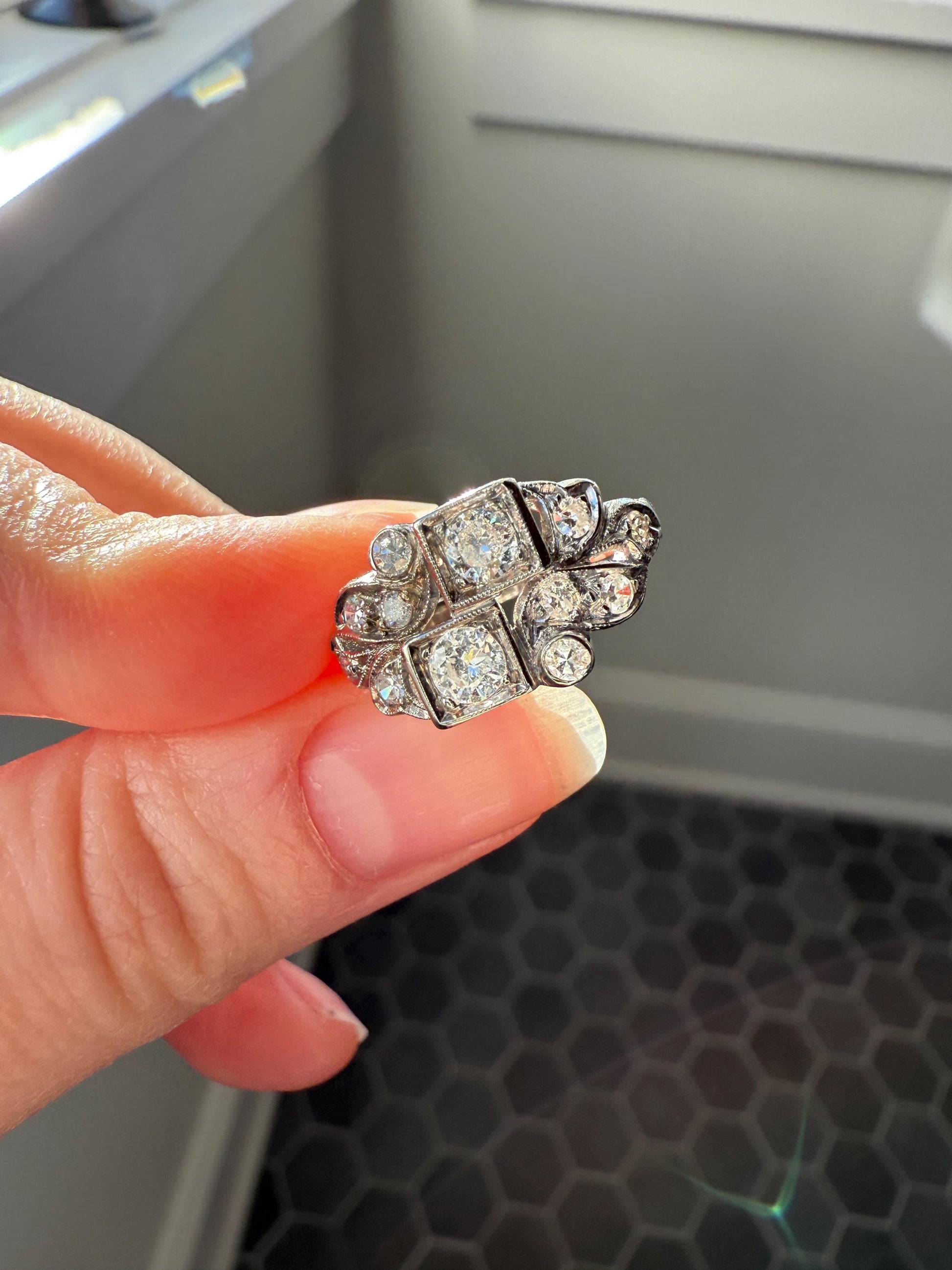 Unique Antique Asymmetrical Floral Ring Art Deco Transitional Old Single Cut Diamond 14k White Gold Swirled Square Bezel Double Band Stacker