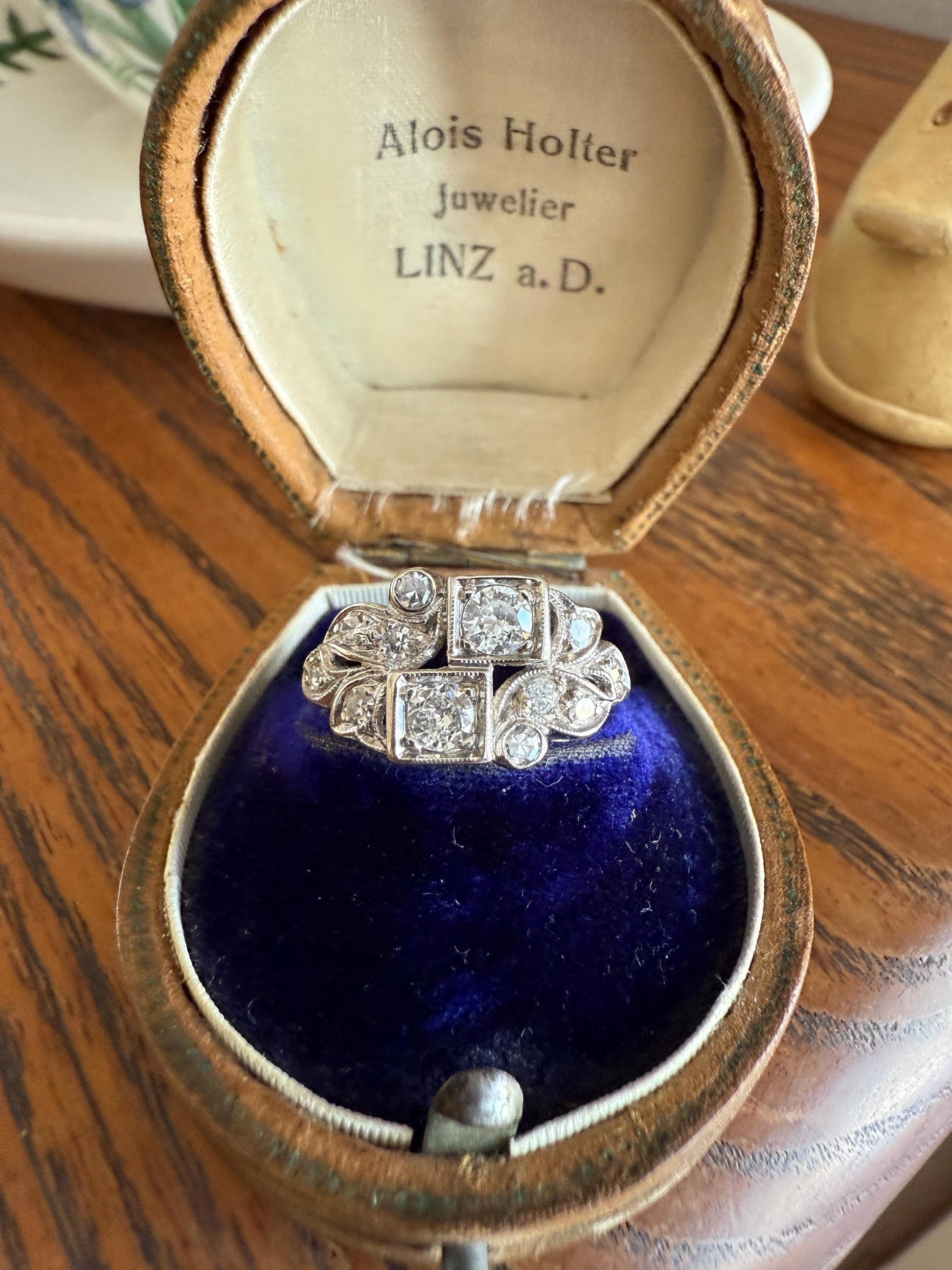 Unique Antique Asymmetrical Floral Ring Art Deco Transitional Old Single Cut Diamond 14k White Gold Swirled Square Bezel Double Band Stacker