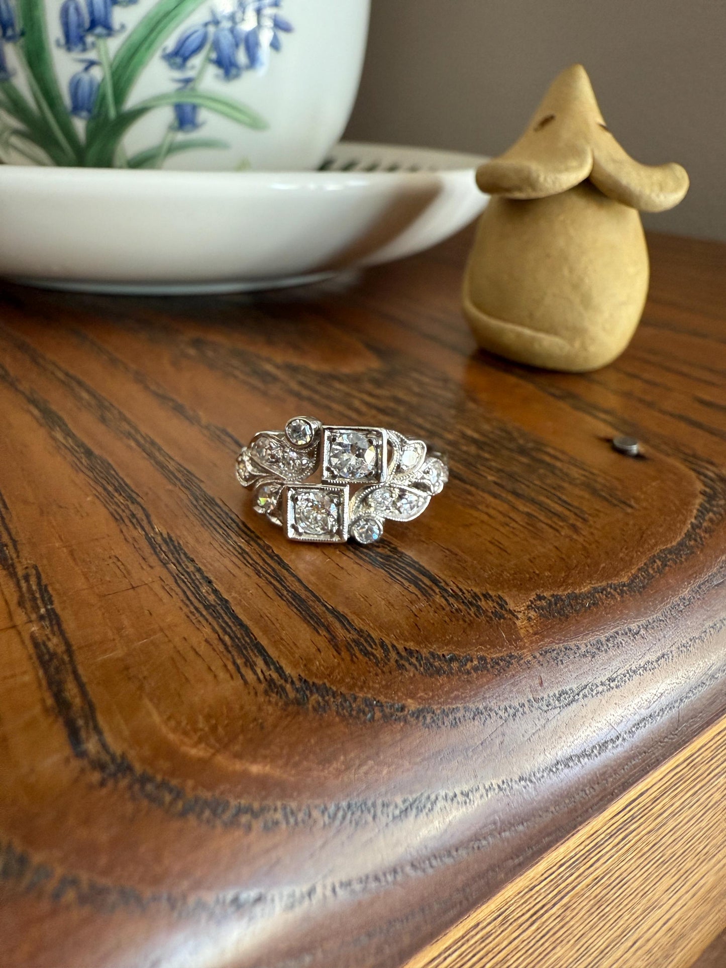 Unique Antique Asymmetrical Floral Ring Art Deco Transitional Old Single Cut Diamond 14k White Gold Swirled Square Bezel Double Band Stacker