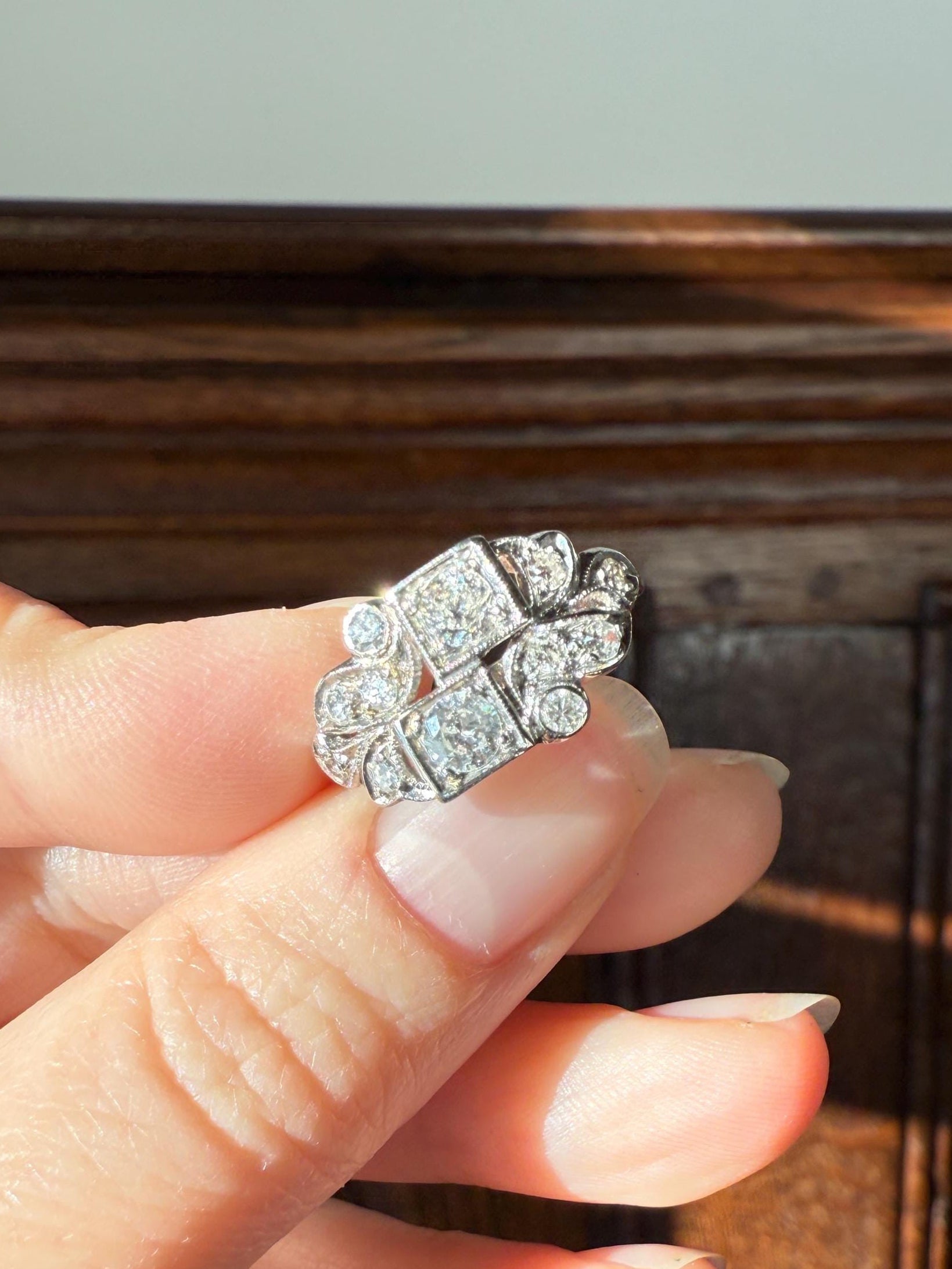 Unique Antique Asymmetrical Floral Ring Art Deco Transitional Old Single Cut Diamond 14k White Gold Swirled Square Bezel Double Band Stacker