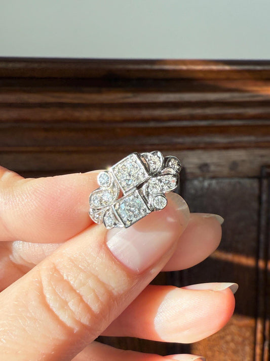 Unique Antique Asymmetrical Floral Ring Art Deco Transitional Old Single Cut Diamond 14k White Gold Swirled Square Bezel Double Band Stacker