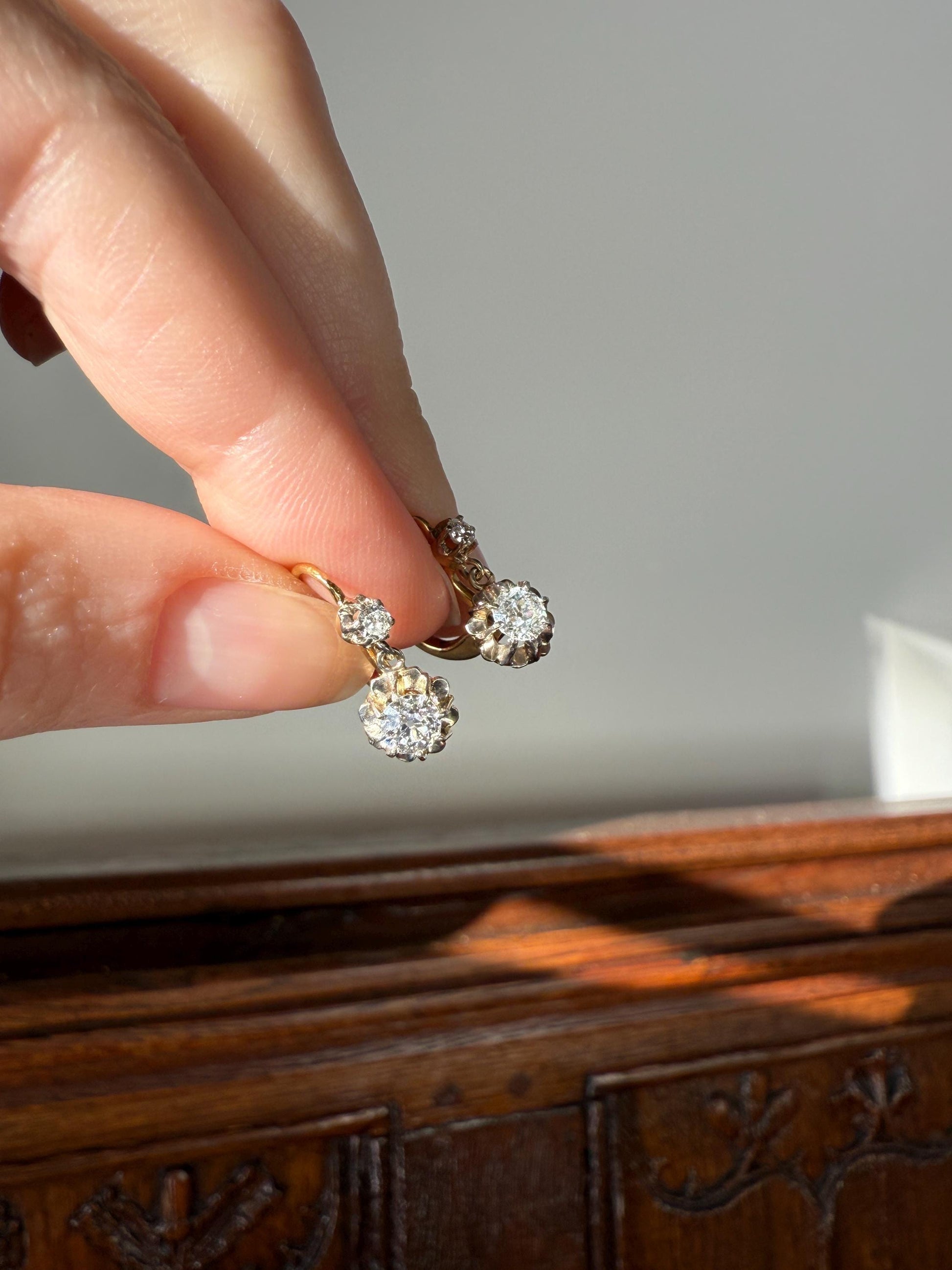 Antique .9 Carat Tdw Old Mine Cut Diamond Earrings 18k Gold French Victorian Dangle Dormeuse Gift Belle Epoque Bridal