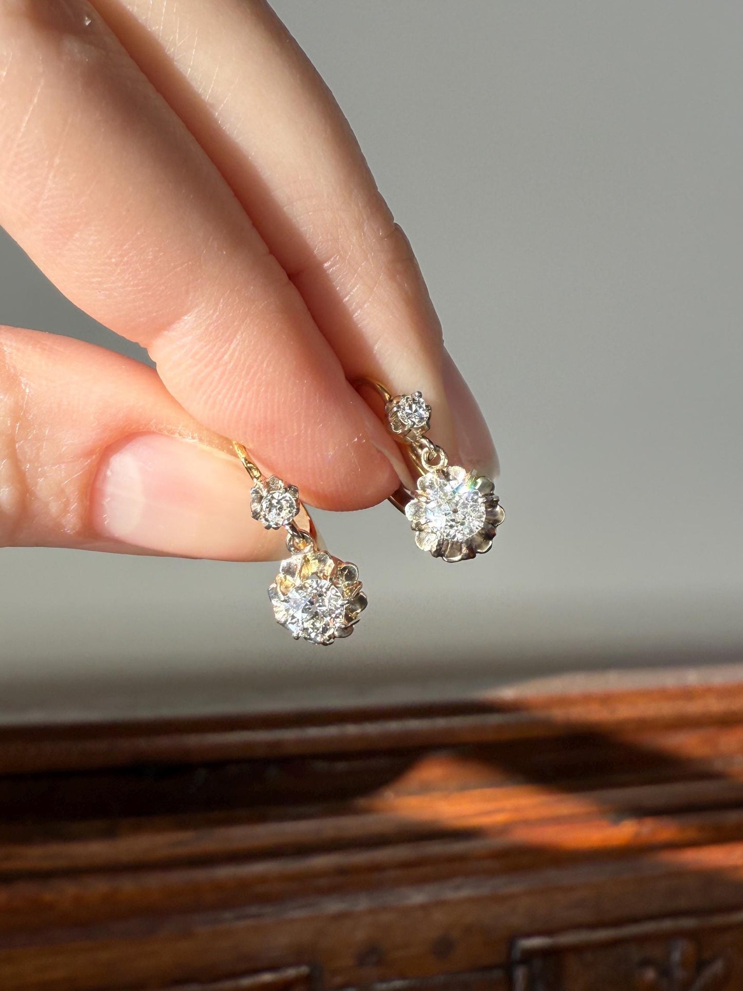 Antique .9 Carat Tdw Old Mine Cut Diamond Earrings 18k Gold French Victorian Dangle Dormeuse Gift Belle Epoque Bridal