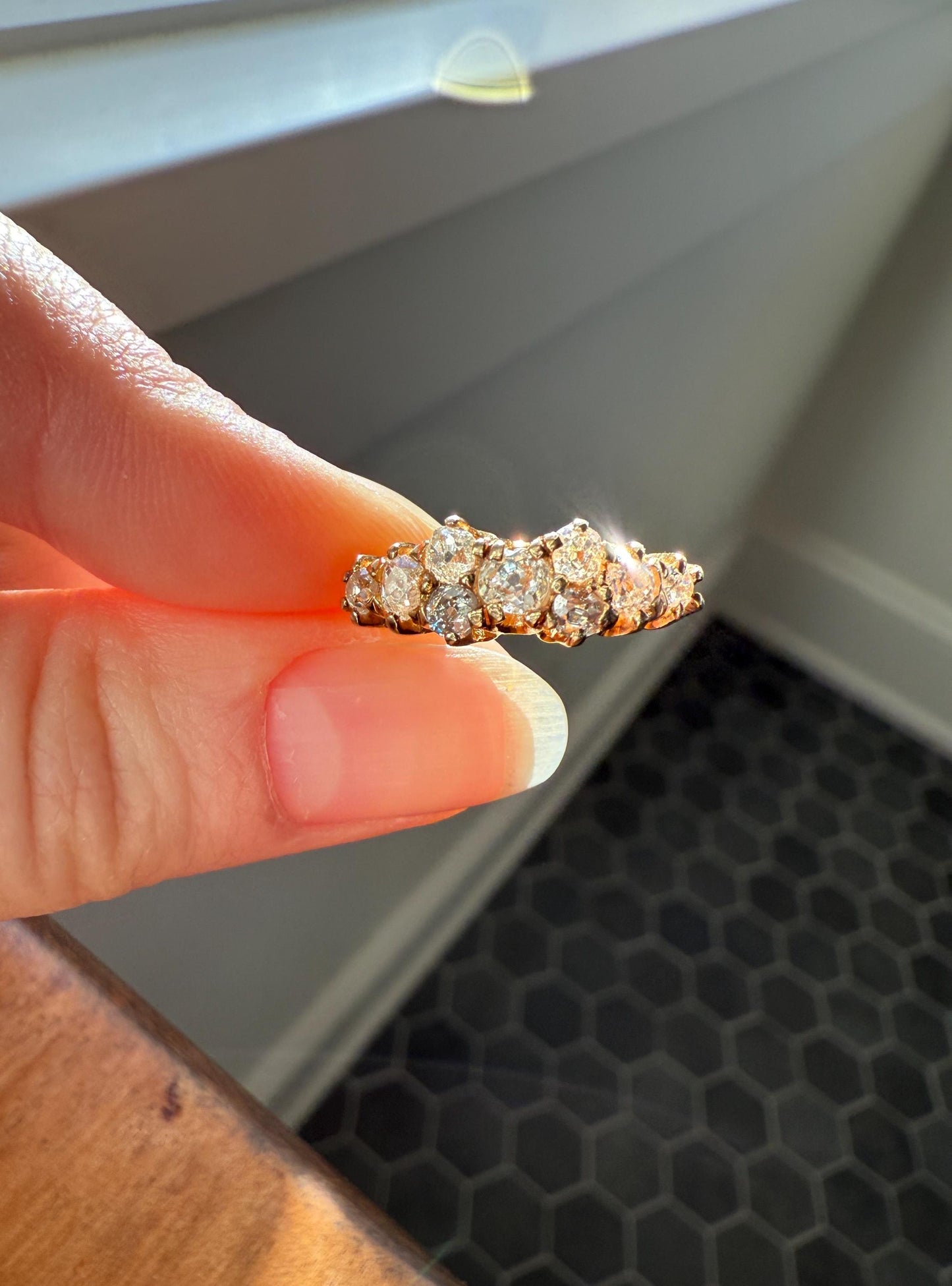 Unique Antique .9 Carat Old Mine Cut Diamond Nine Stone Band Mini Cluster Ring 18k Gold Victorian