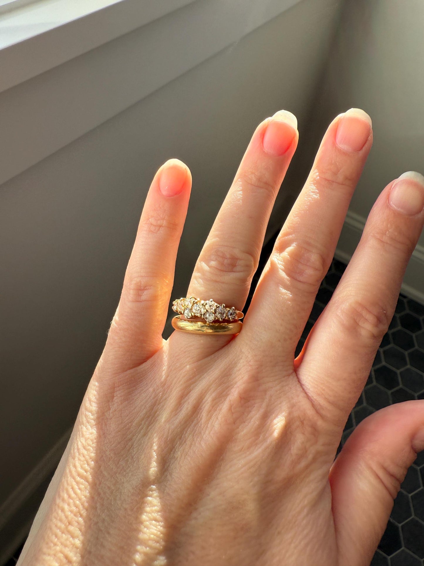 Unique Antique .9 Carat Old Mine Cut Diamond Nine Stone Band Mini Cluster Ring 18k Gold Victorian