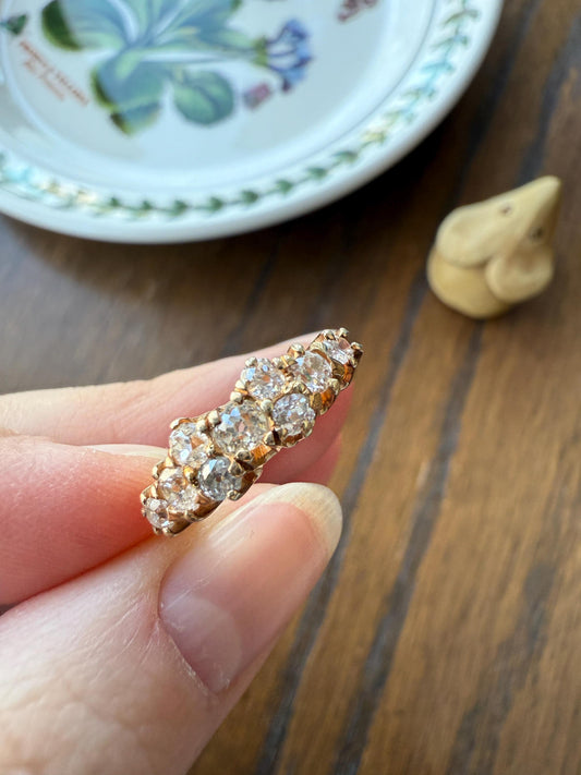 Unique Antique .9 Carat Old Mine Cut Diamond Nine Stone Band Mini Cluster Ring 18k Gold Victorian