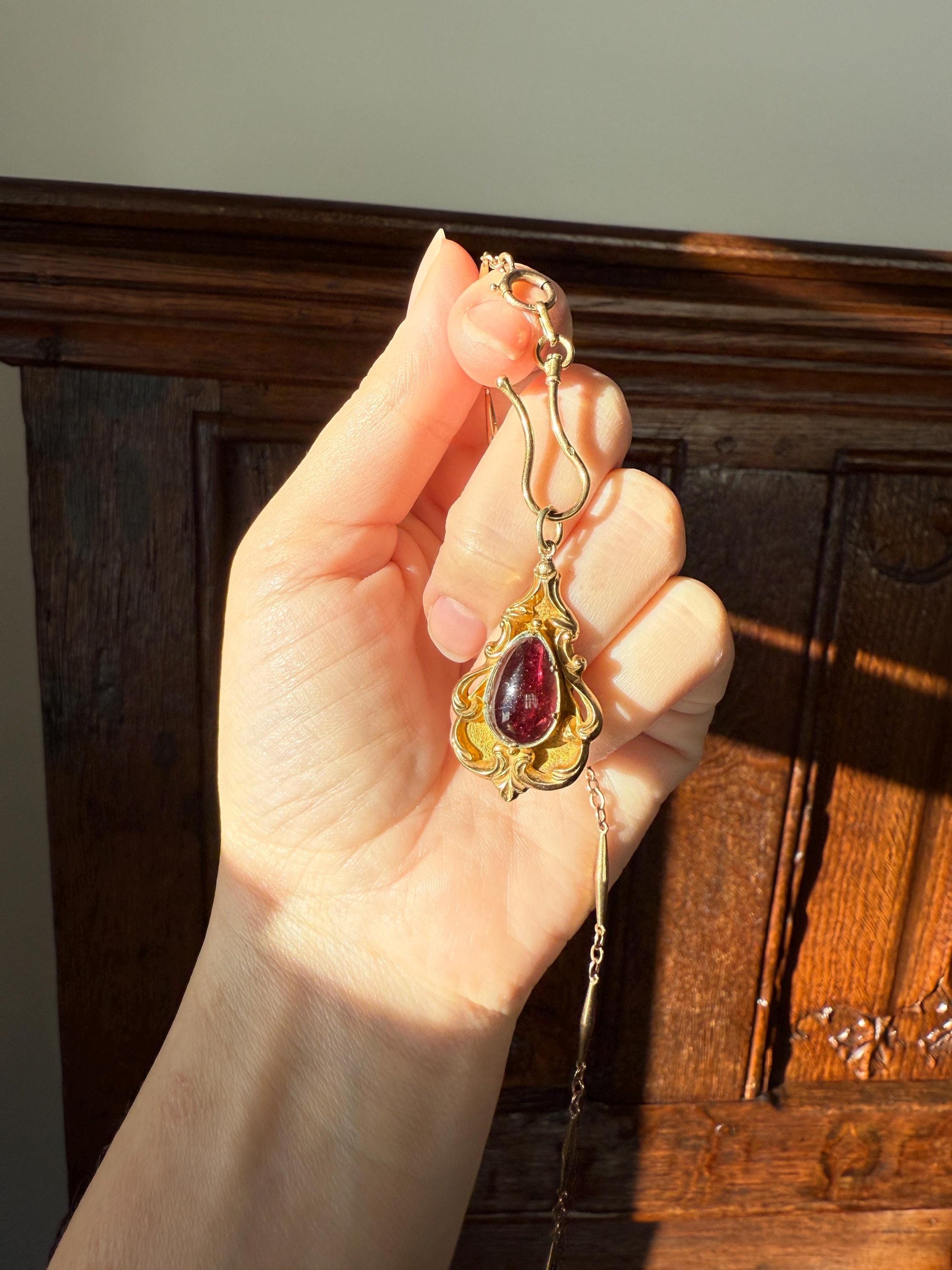Juicy Victorian Antique Crimson Red Pear Natural Garnet 18k Gold Scrolled Teardrop Pendant Ornate Inner Glow