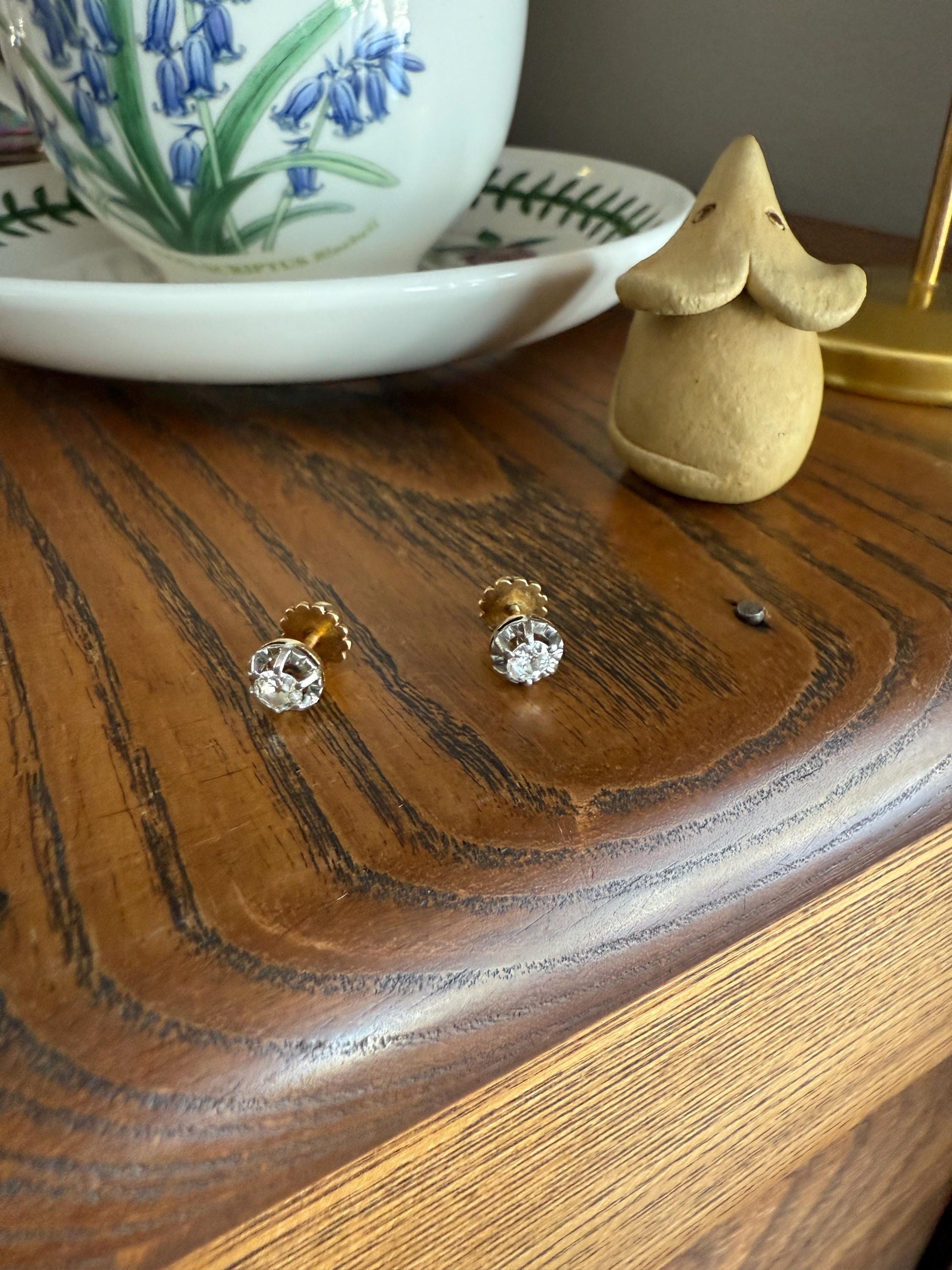 Antique .56 Carat Tdw Old Mine Cut DIAMOND Studs 18k Gold Screw Back Stud EARRINGS French Romantic Gift Belle Epoque Bridal Minimalist