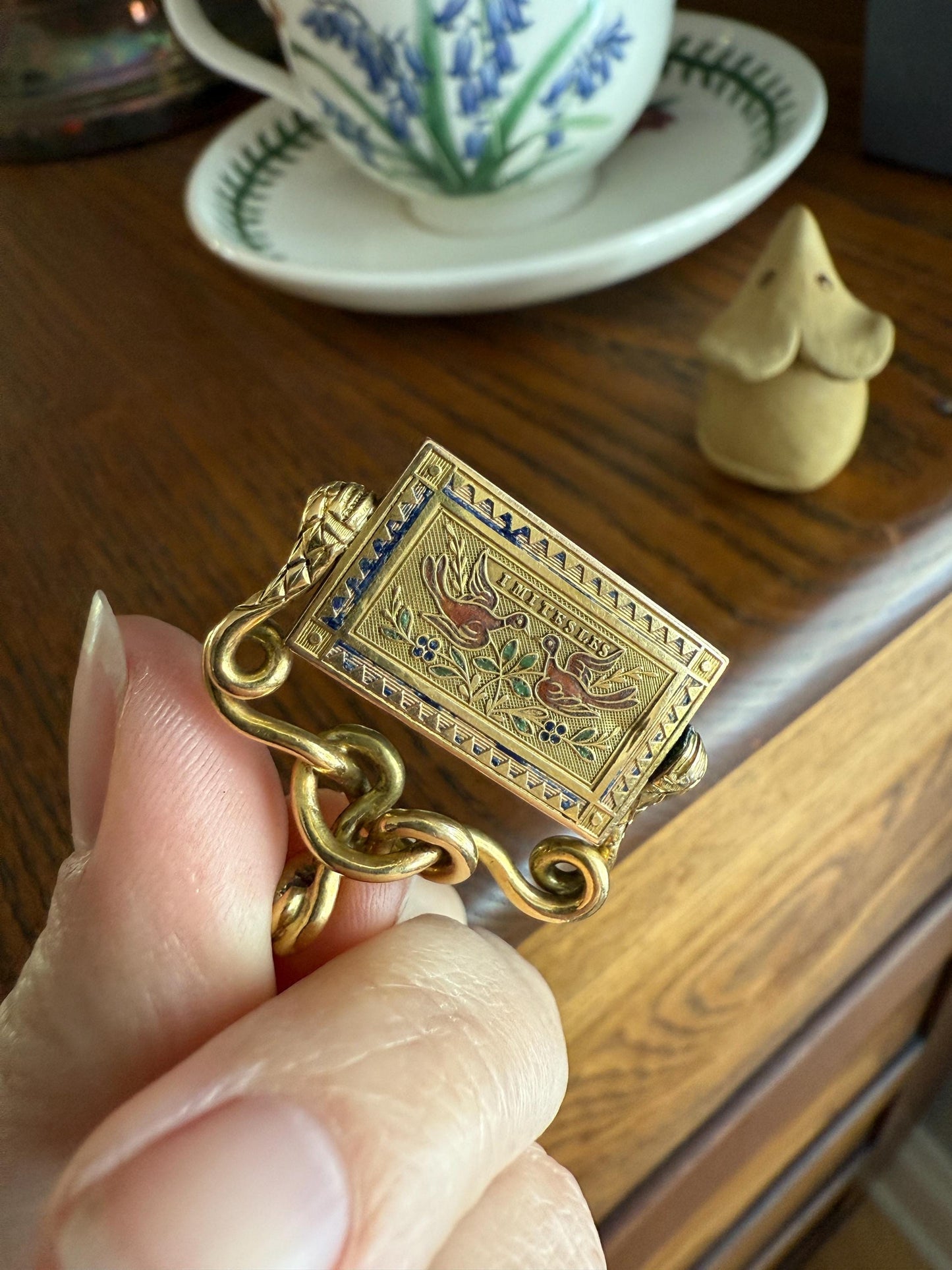 Antique SNAKE "Imitate the BIRDS" Floral Pansy Reversible Fob Pendant Heavy 7.3g 18k Gold French Traditional Enamel Coiled Two Heads