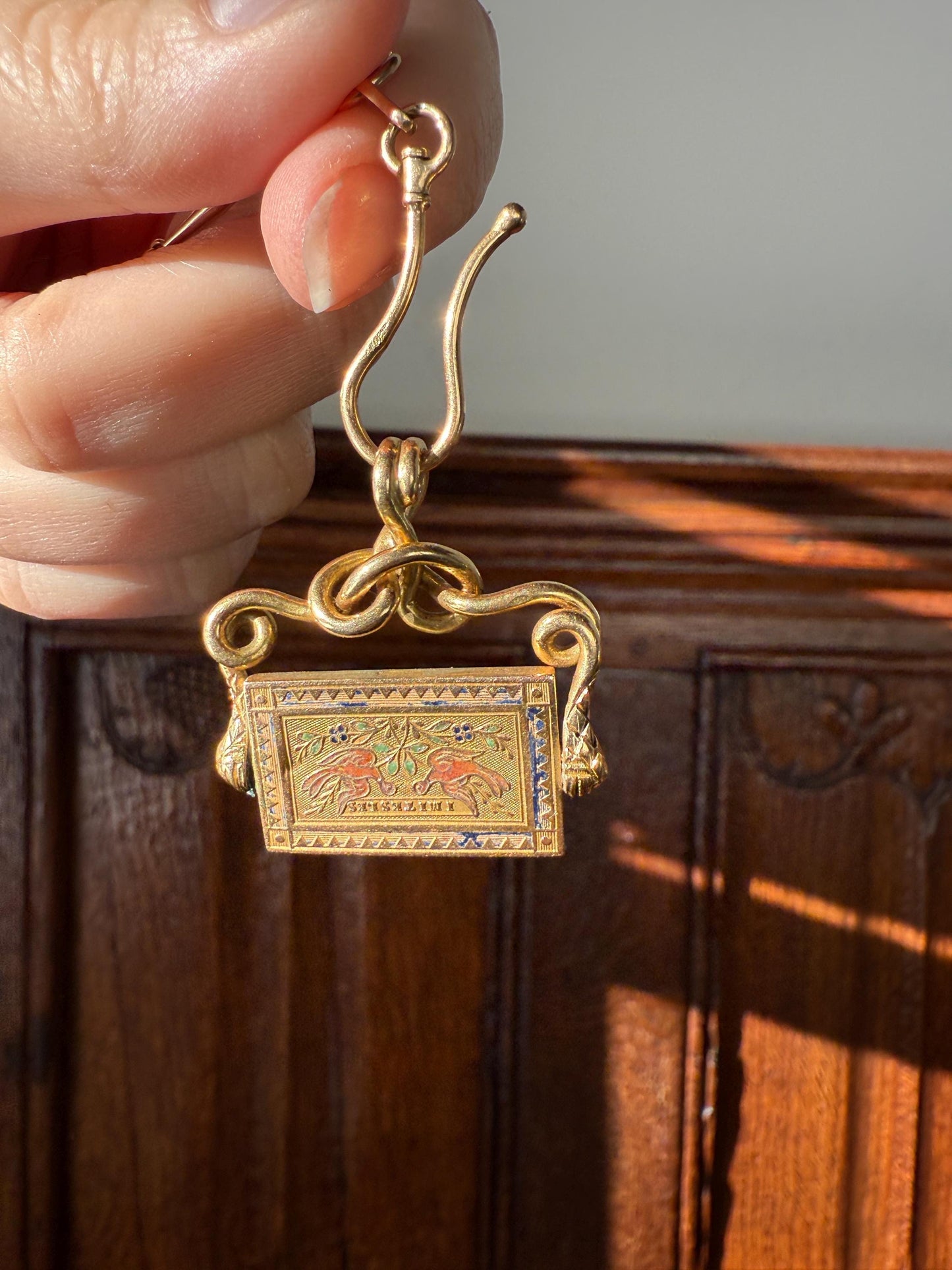 Antique SNAKE "Imitate the BIRDS" Floral Pansy Reversible Fob Pendant Heavy 7.3g 18k Gold French Traditional Enamel Coiled Two Heads