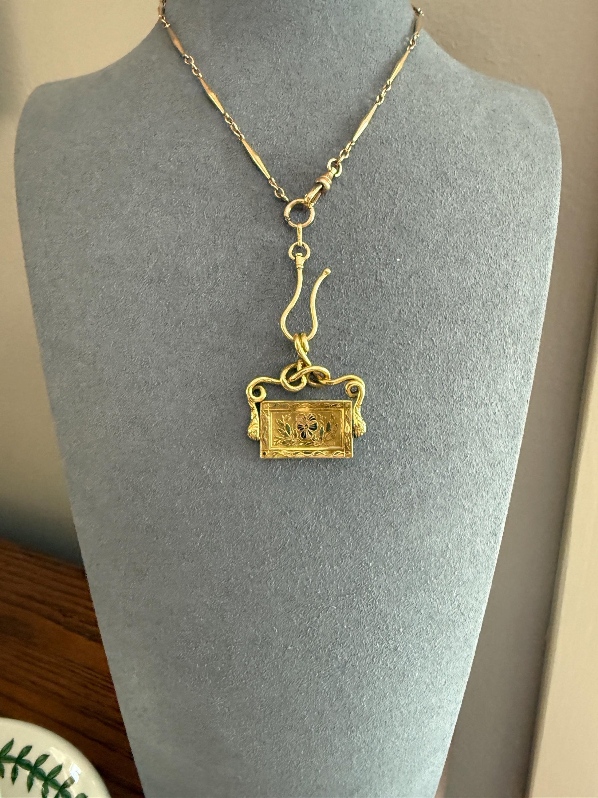 Antique SNAKE "Imitate the BIRDS" Floral Pansy Reversible Fob Pendant Heavy 7.3g 18k Gold French Traditional Enamel Coiled Two Heads