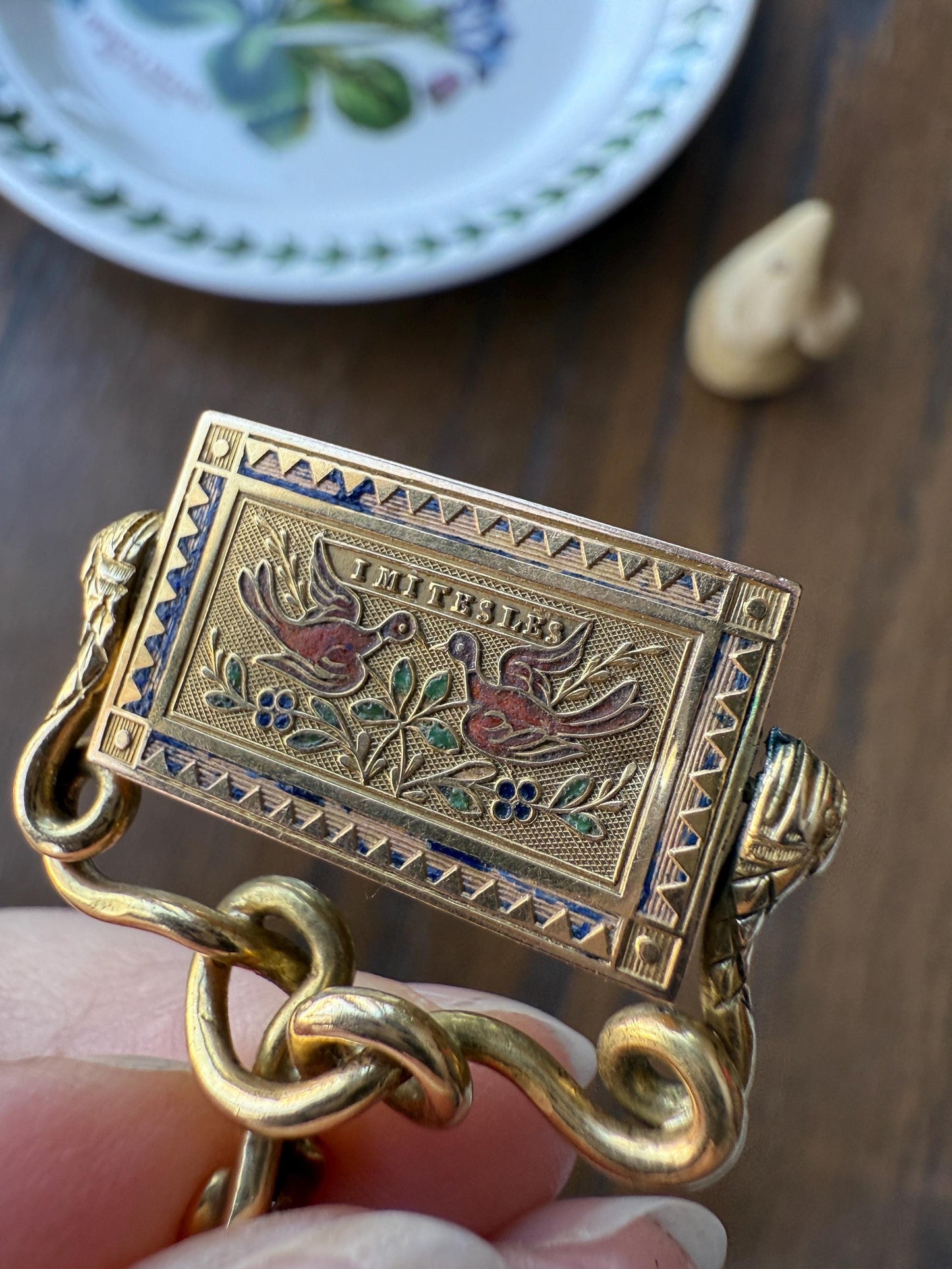 Antique SNAKE "Imitate the BIRDS" Floral Pansy Reversible Fob Pendant Heavy 7.3g 18k Gold French Traditional Enamel Coiled Two Heads