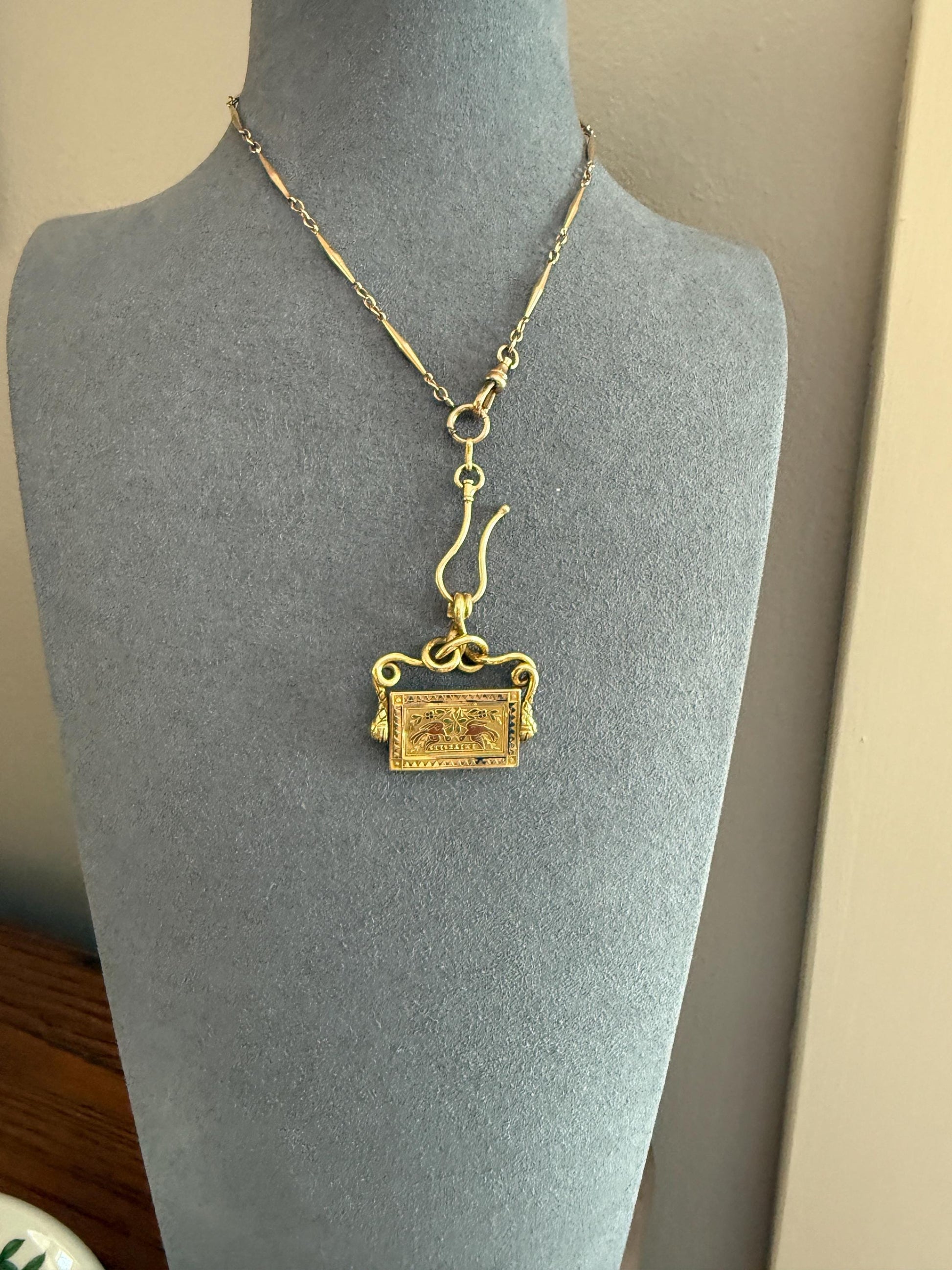 Antique SNAKE "Imitate the BIRDS" Floral Pansy Reversible Fob Pendant Heavy 7.3g 18k Gold French Traditional Enamel Coiled Two Heads