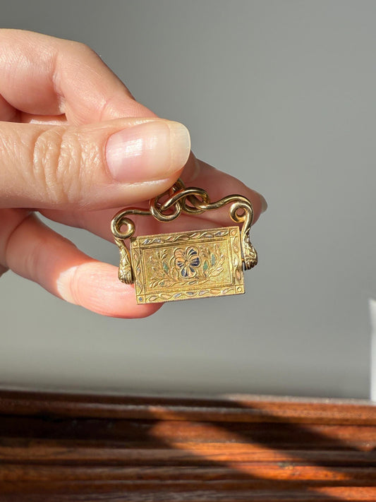 Antique SNAKE "Imitate the BIRDS" Floral Pansy Reversible Fob Pendant Heavy 7.3g 18k Gold French Traditional Enamel Coiled Two Heads