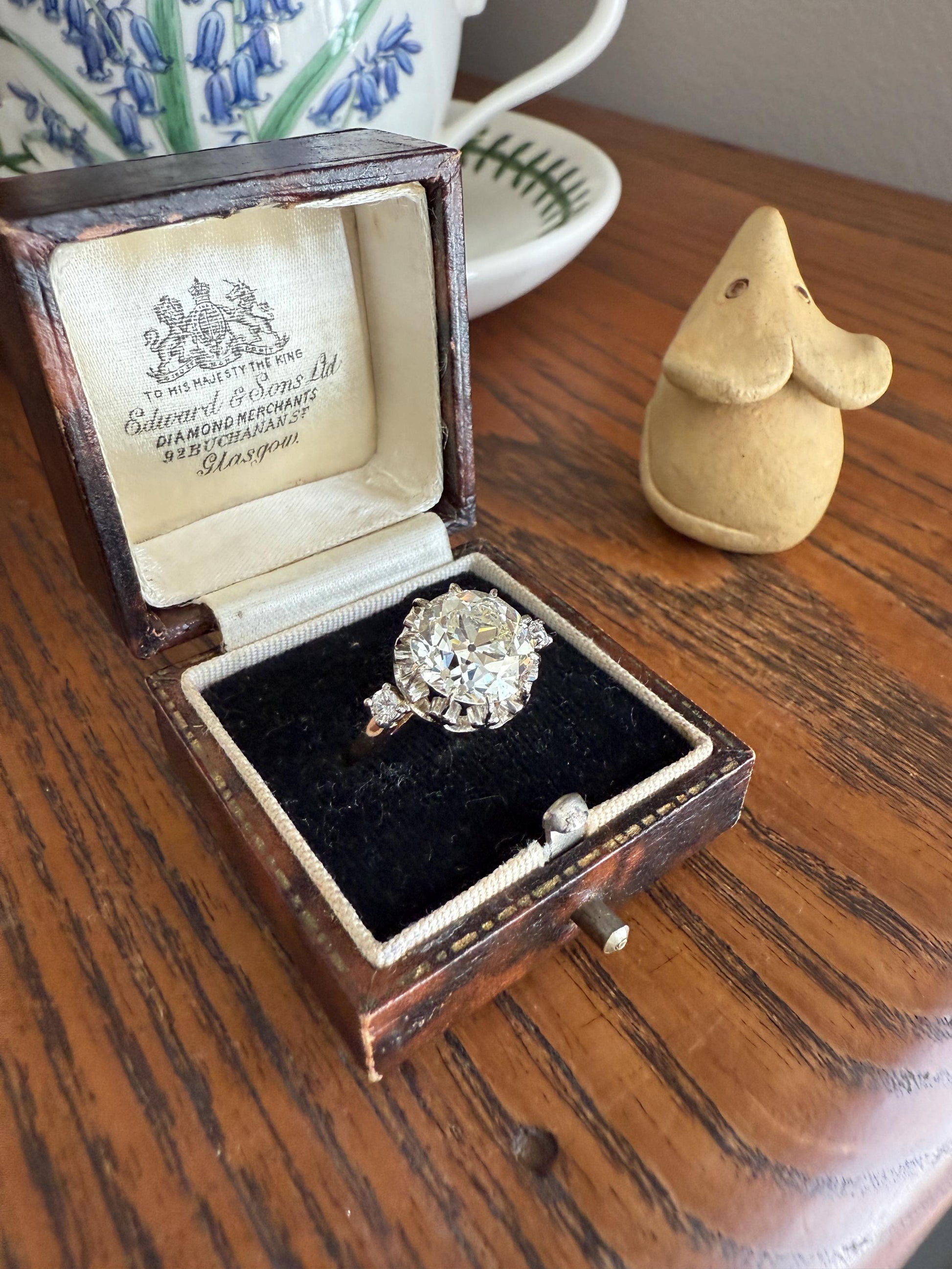 Special French Original Antique 4.07 CARAT Natural Old European Cut DIAMOND Eye Clean Solitaire Engagement Ring 18k Rosy Gold Platinum