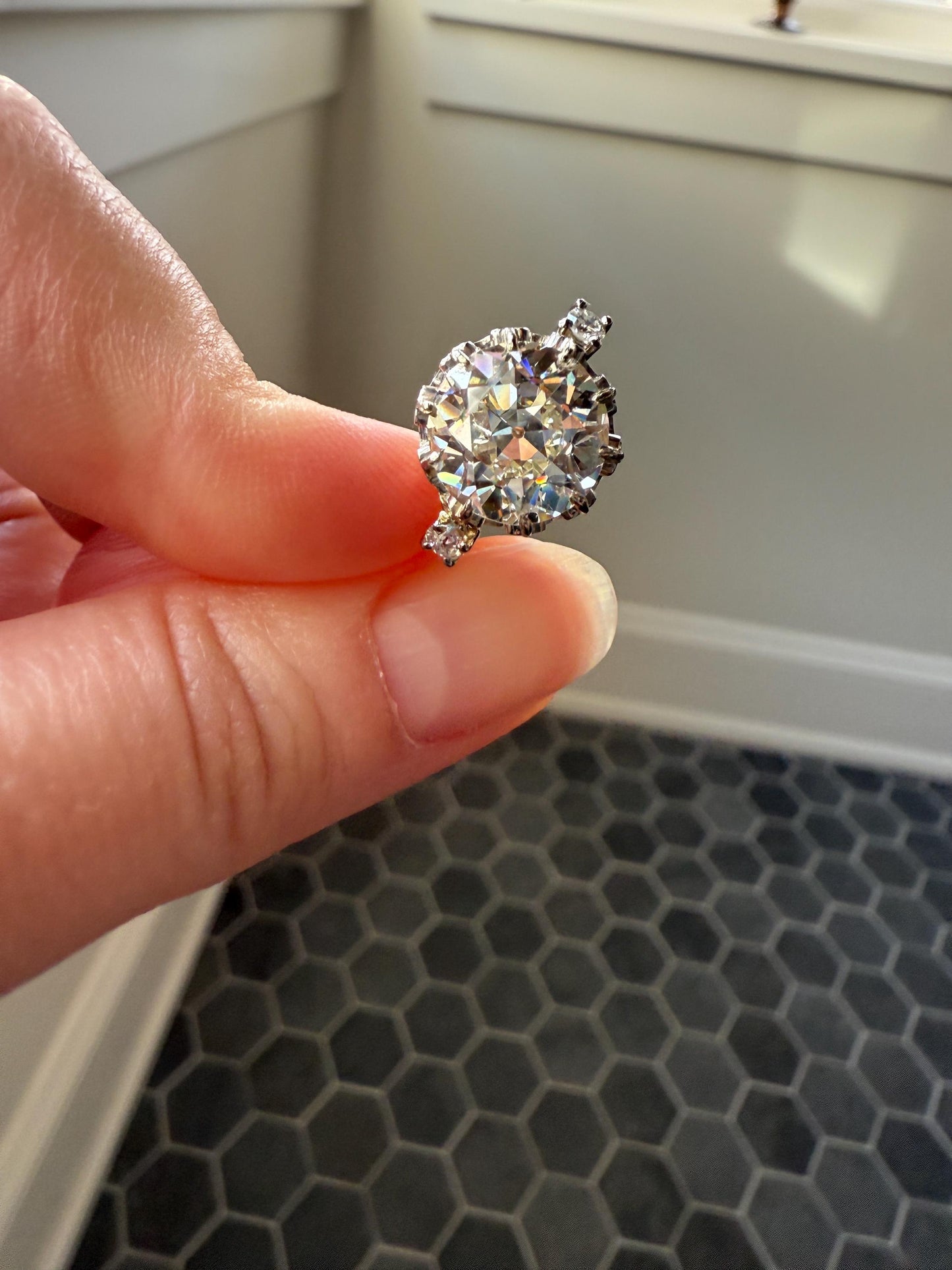 Special French Original Antique 4.07 CARAT Natural Old European Cut DIAMOND Eye Clean Solitaire Engagement Ring 18k Rosy Gold Platinum