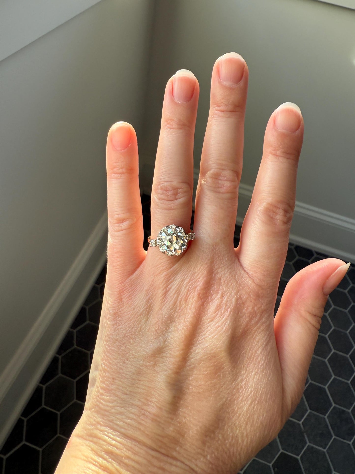 Special French Original Antique 4.07 CARAT Natural Old European Cut DIAMOND Eye Clean Solitaire Engagement Ring 18k Rosy Gold Platinum