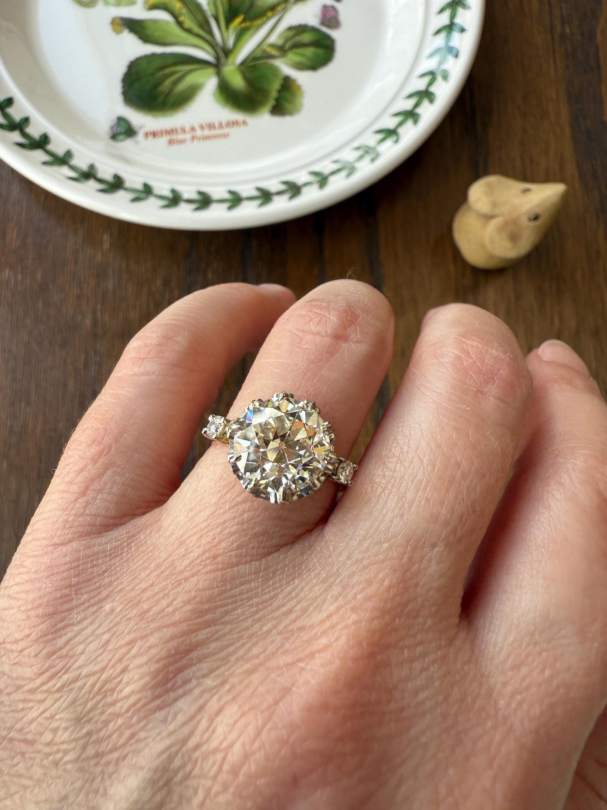 Special French Original Antique 4.07 CARAT Natural Old European Cut DIAMOND Eye Clean Solitaire Engagement Ring 18k Rosy Gold Platinum