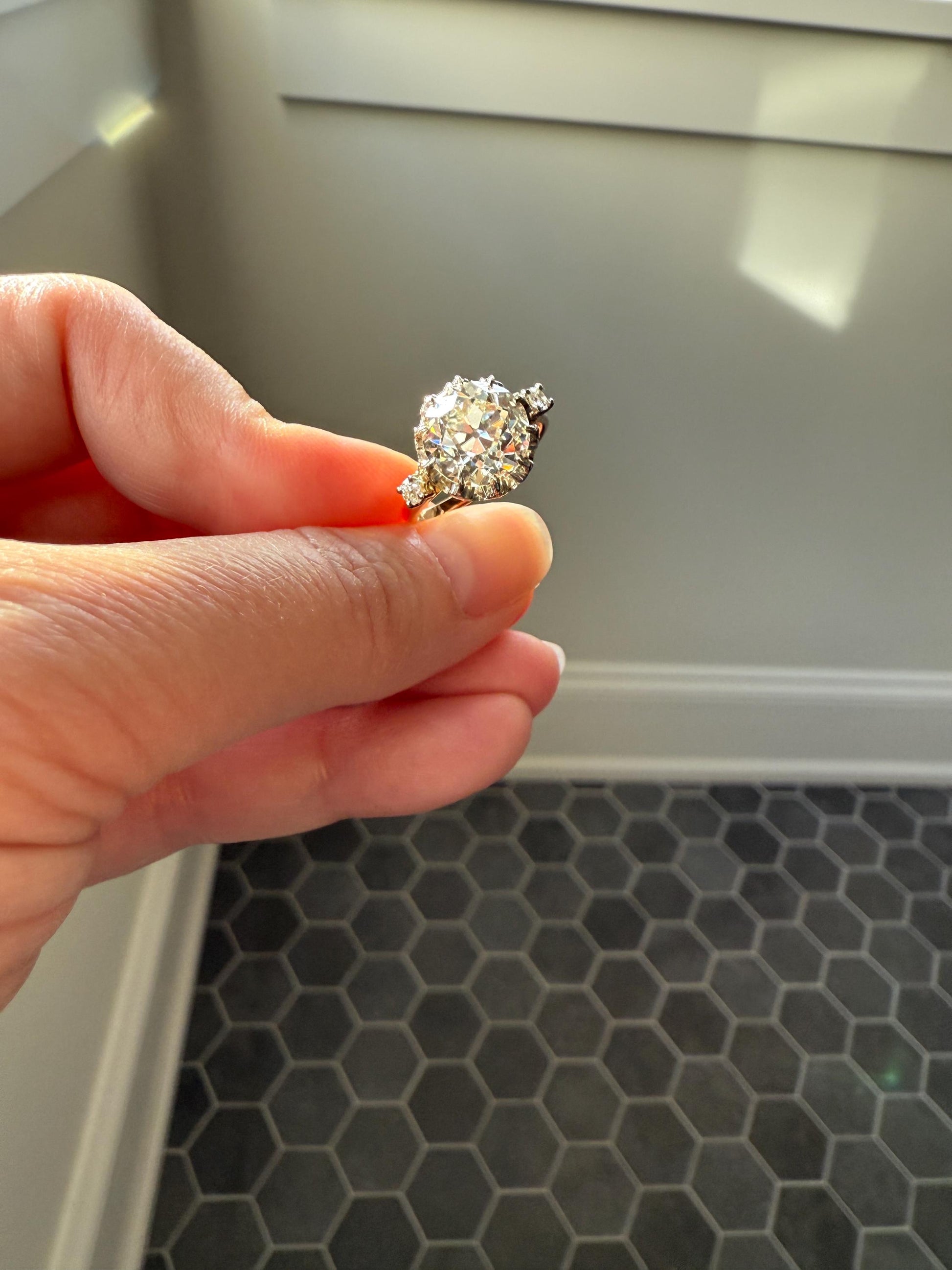 Special French Original Antique 4.07 CARAT Natural Old European Cut DIAMOND Eye Clean Solitaire Engagement Ring 18k Rosy Gold Platinum