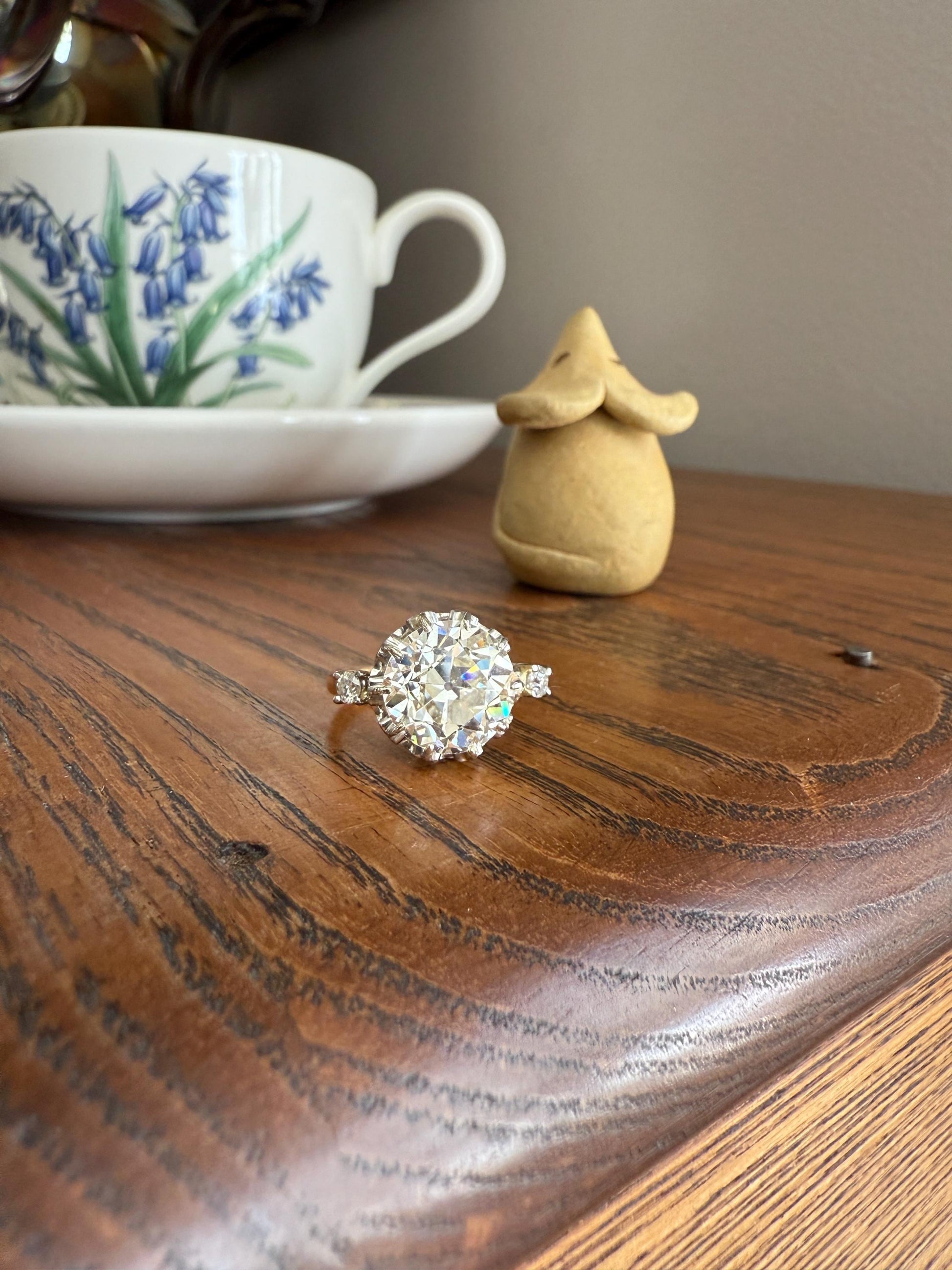 Special French Original Antique 4.07 CARAT Natural Old European Cut DIAMOND Eye Clean Solitaire Engagement Ring 18k Rosy Gold Platinum