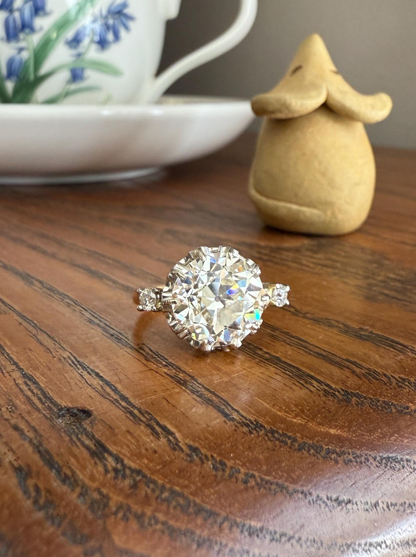 Special French Original Antique 4.07 CARAT Natural Old European Cut DIAMOND Eye Clean Solitaire Engagement Ring 18k Rosy Gold Platinum