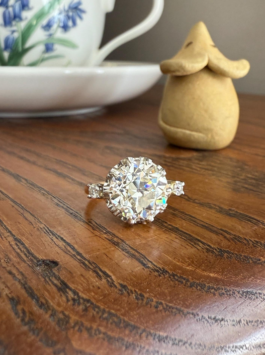 Special French Original Antique 4.07 CARAT Natural Old European Cut DIAMOND Eye Clean Solitaire Engagement Ring 18k Rosy Gold Platinum