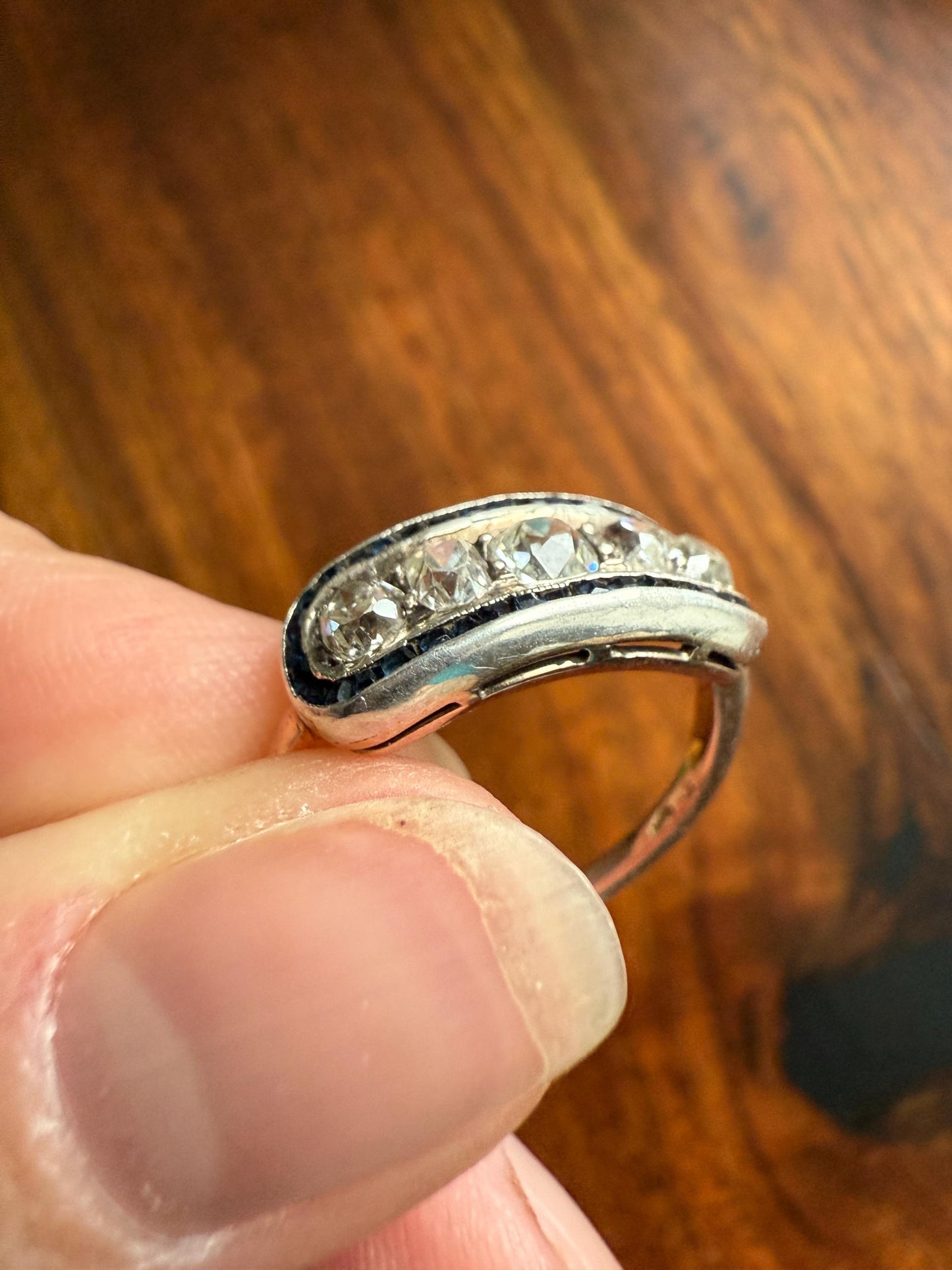 Antique One CARAT Old Mine Cut DiAMOND Five Stone Sapphire East West HALO Ring Carre Square Cut Stacker Band 14k Gold