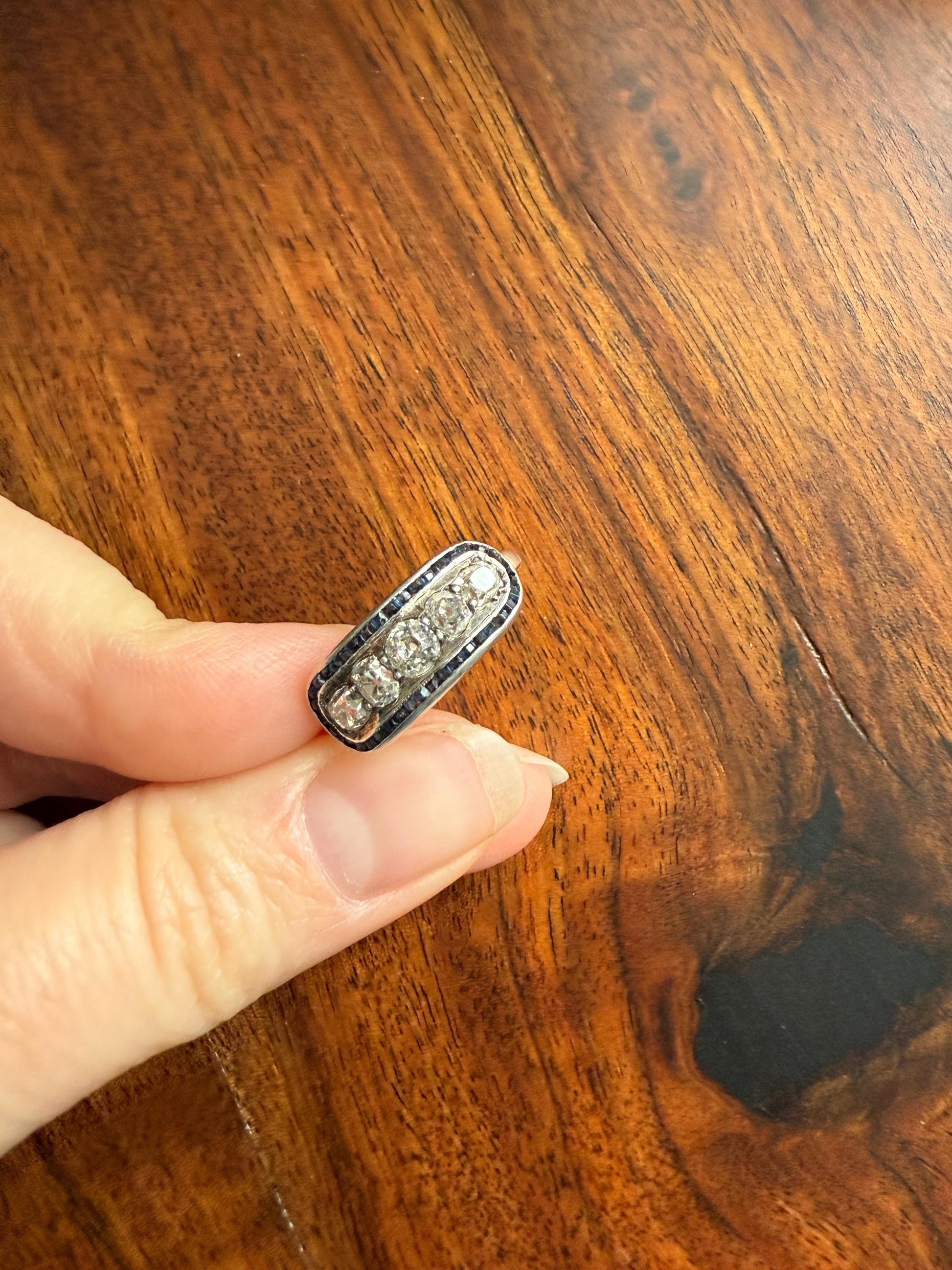 Antique One CARAT Old Mine Cut DiAMOND Five Stone Sapphire East West HALO Ring Carre Square Cut Stacker Band 14k Gold