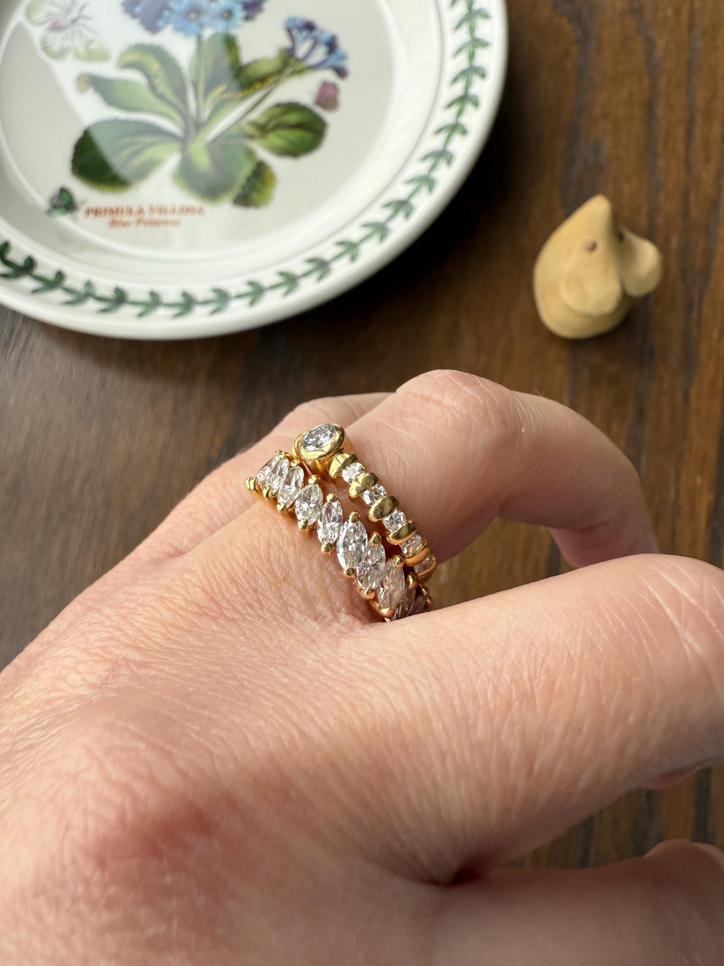 Vintage 18k Gold Diamond Bubble Band Stacker Ring Bezel Set with Accents Eleven Stone