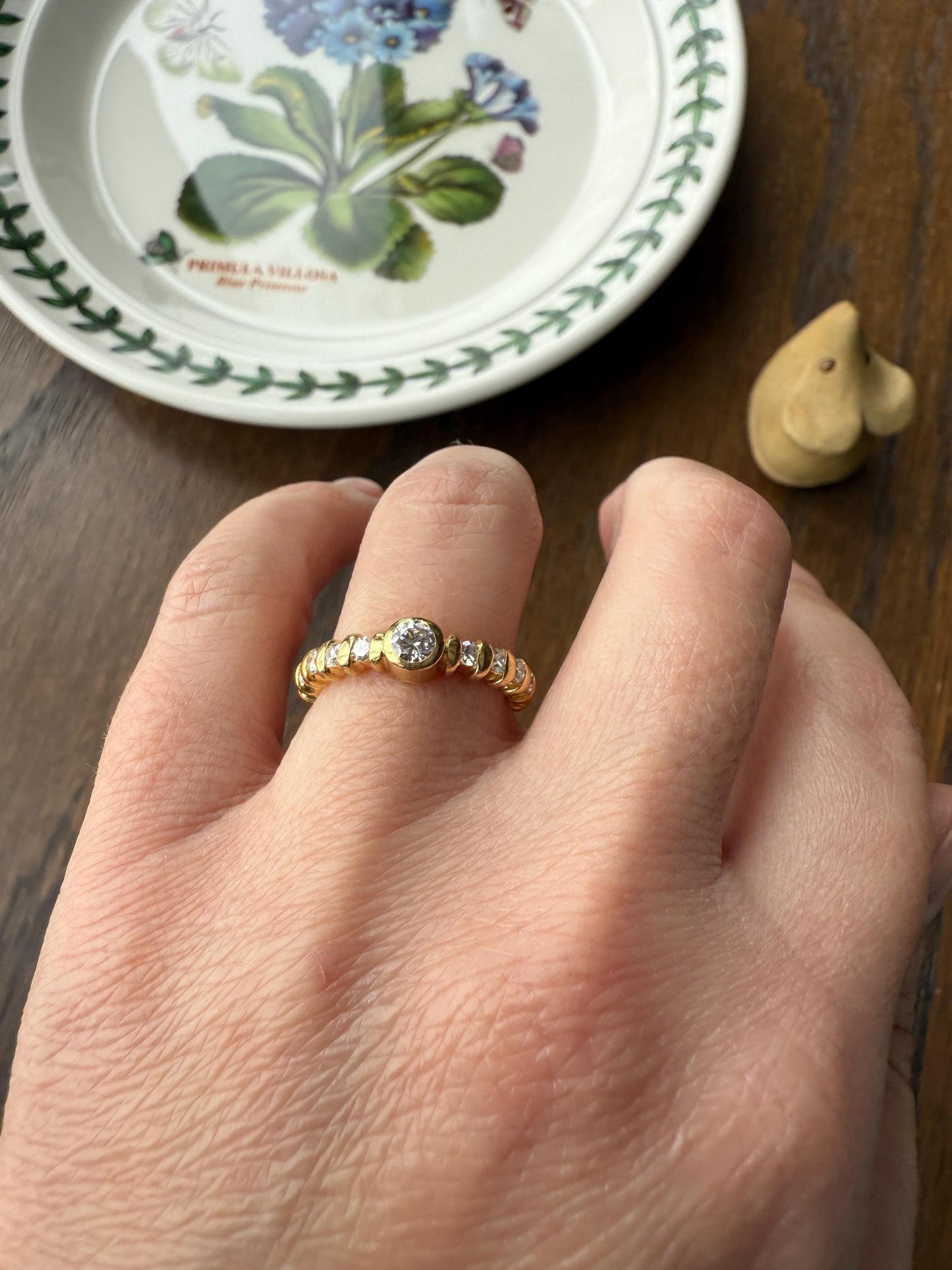 Vintage 18k Gold Diamond Bubble Band Stacker Ring Bezel Set with Accents Eleven Stone