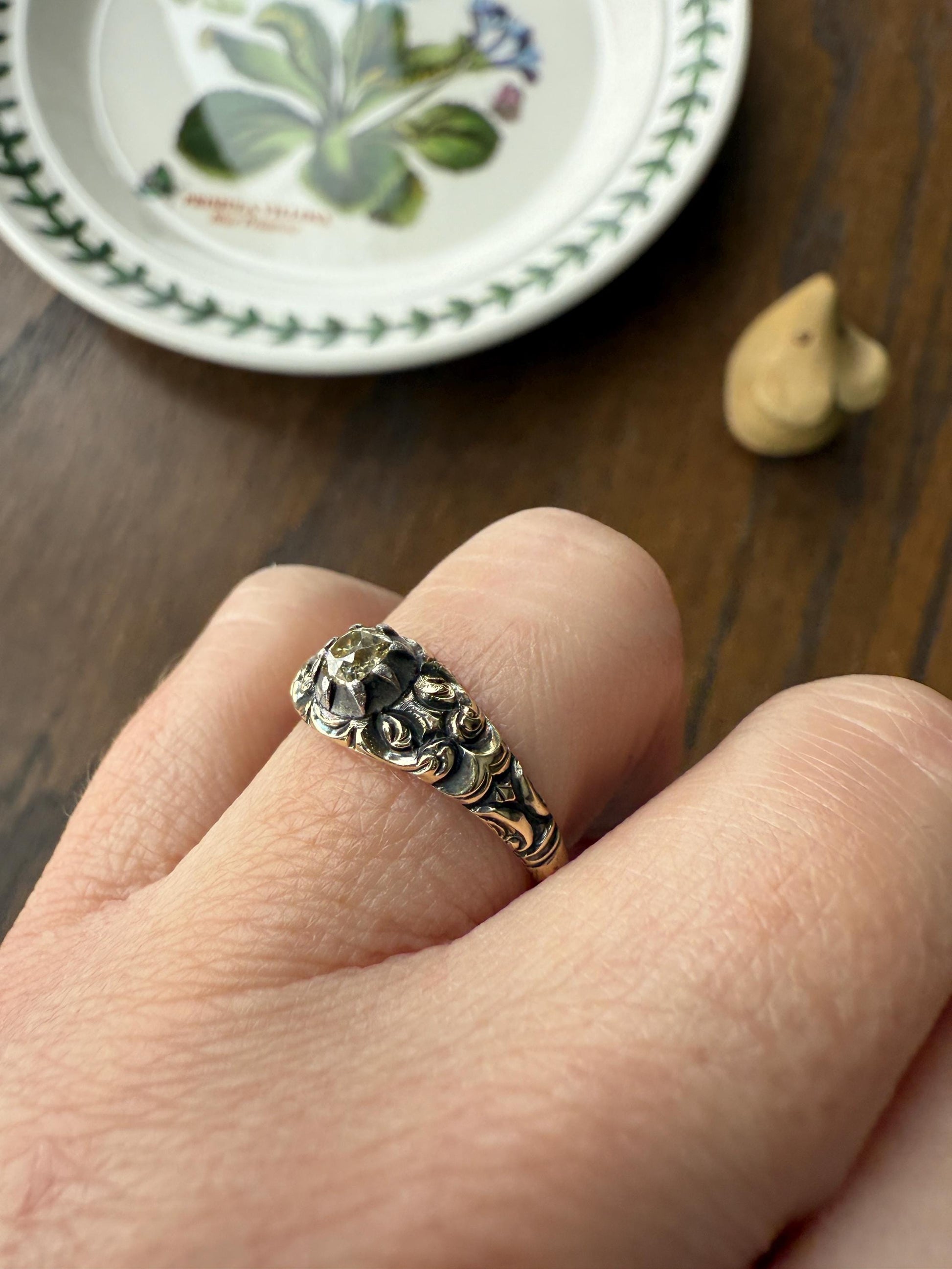 Antique Old Mine Cut DIAMOND Swirl Embossed Georgian ANTIQUE Ring Warm Pale Yellow Stone 14k Gold Silver Collet Band Stacker Solitaire Gift