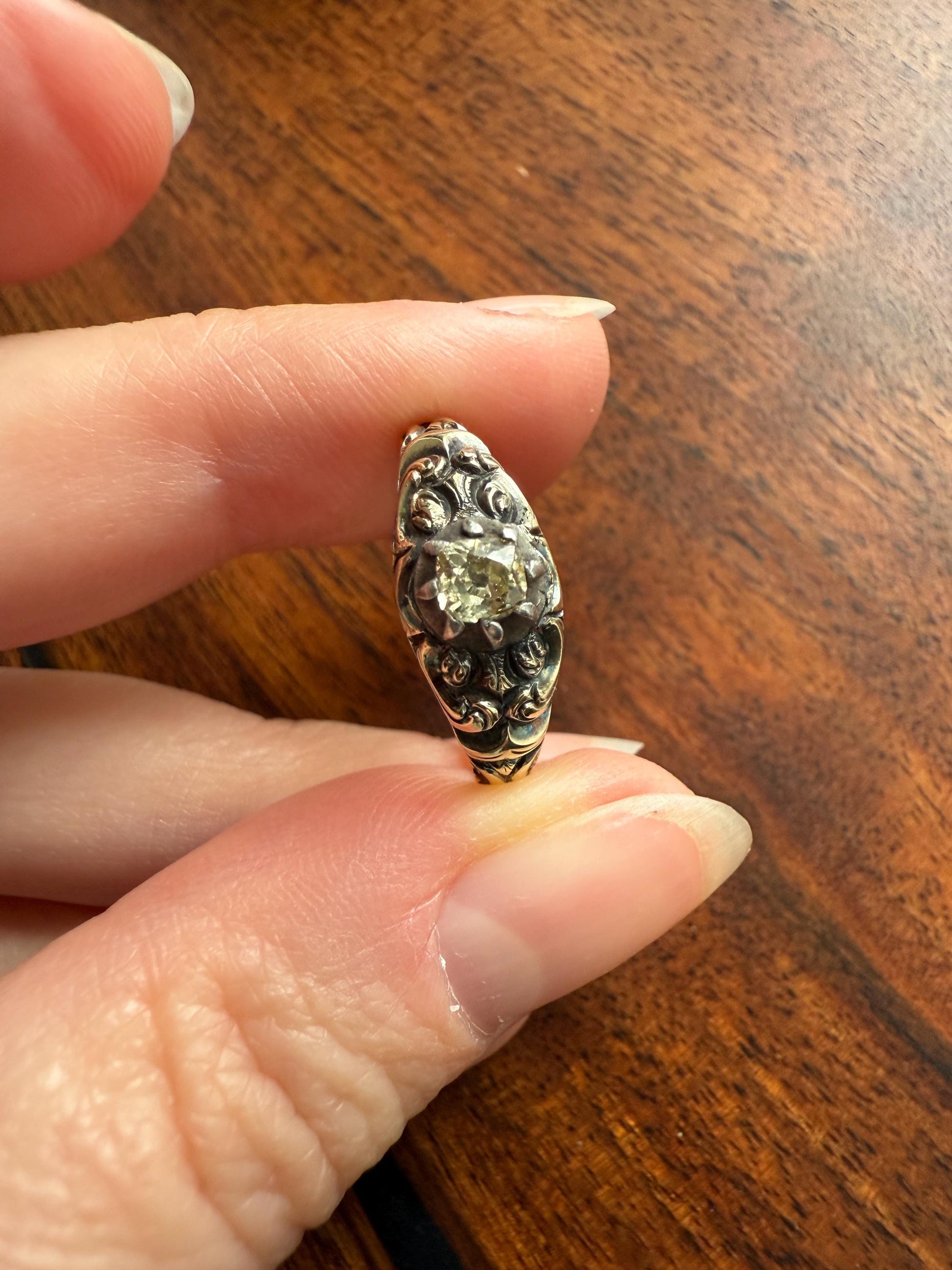 Antique Old Mine Cut DIAMOND Swirl Embossed Georgian ANTIQUE Ring Warm Pale Yellow Stone 14k Gold Silver Collet Band Stacker Solitaire Gift