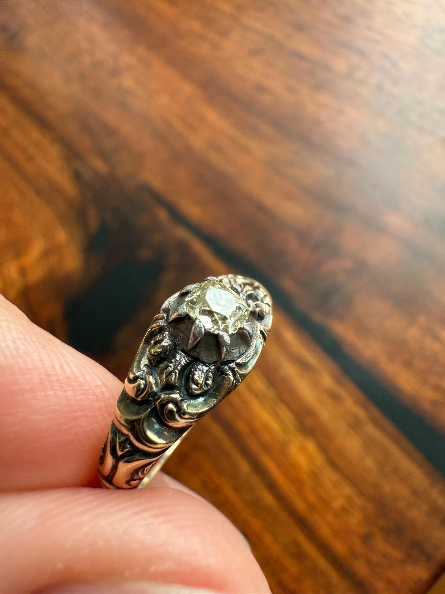 Antique Old Mine Cut DIAMOND Swirl Embossed Georgian ANTIQUE Ring Warm Pale Yellow Stone 14k Gold Silver Collet Band Stacker Solitaire Gift