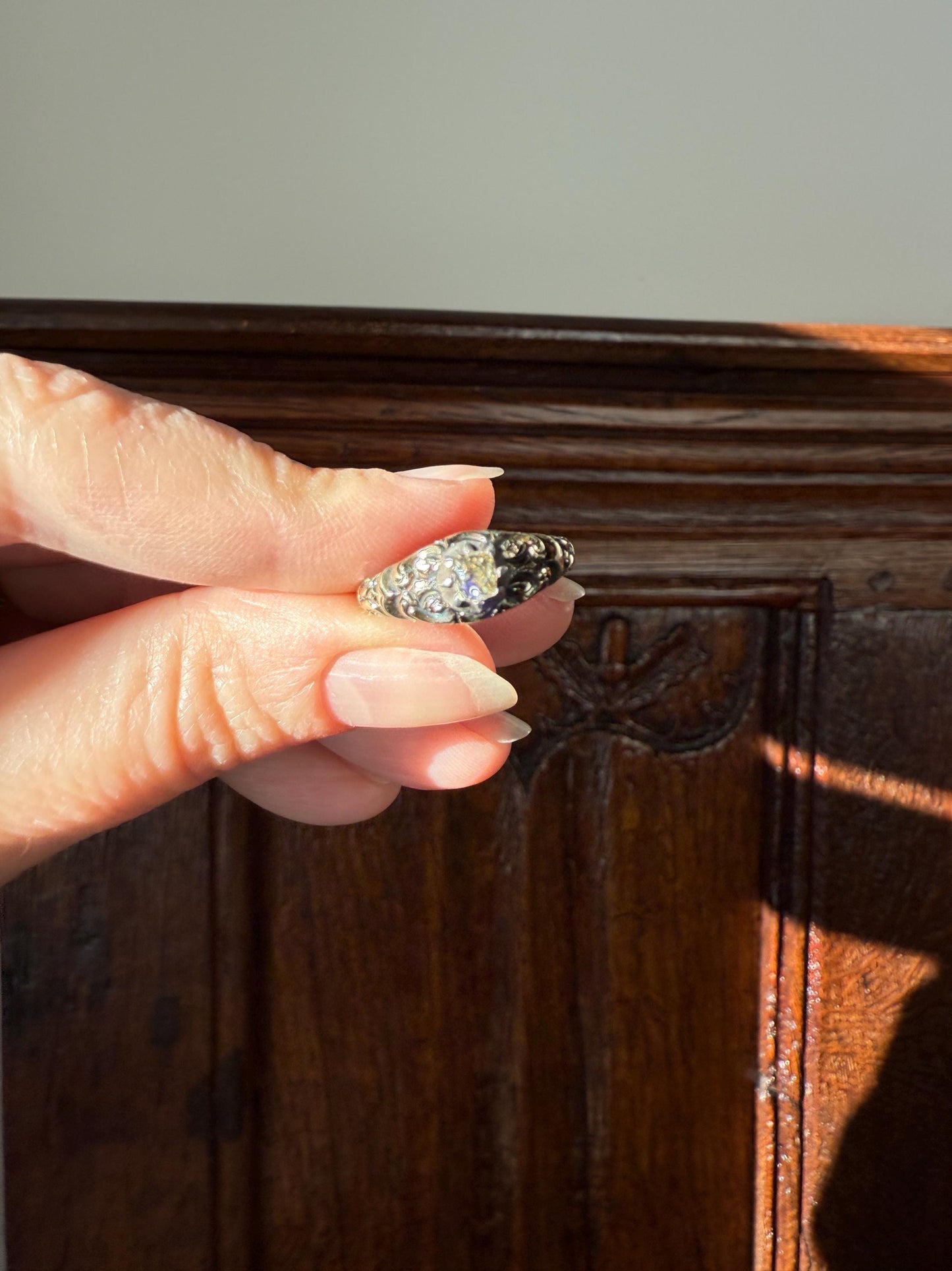 Antique Old Mine Cut DIAMOND Swirl Embossed Georgian ANTIQUE Ring Warm Pale Yellow Stone 14k Gold Silver Collet Band Stacker Solitaire Gift