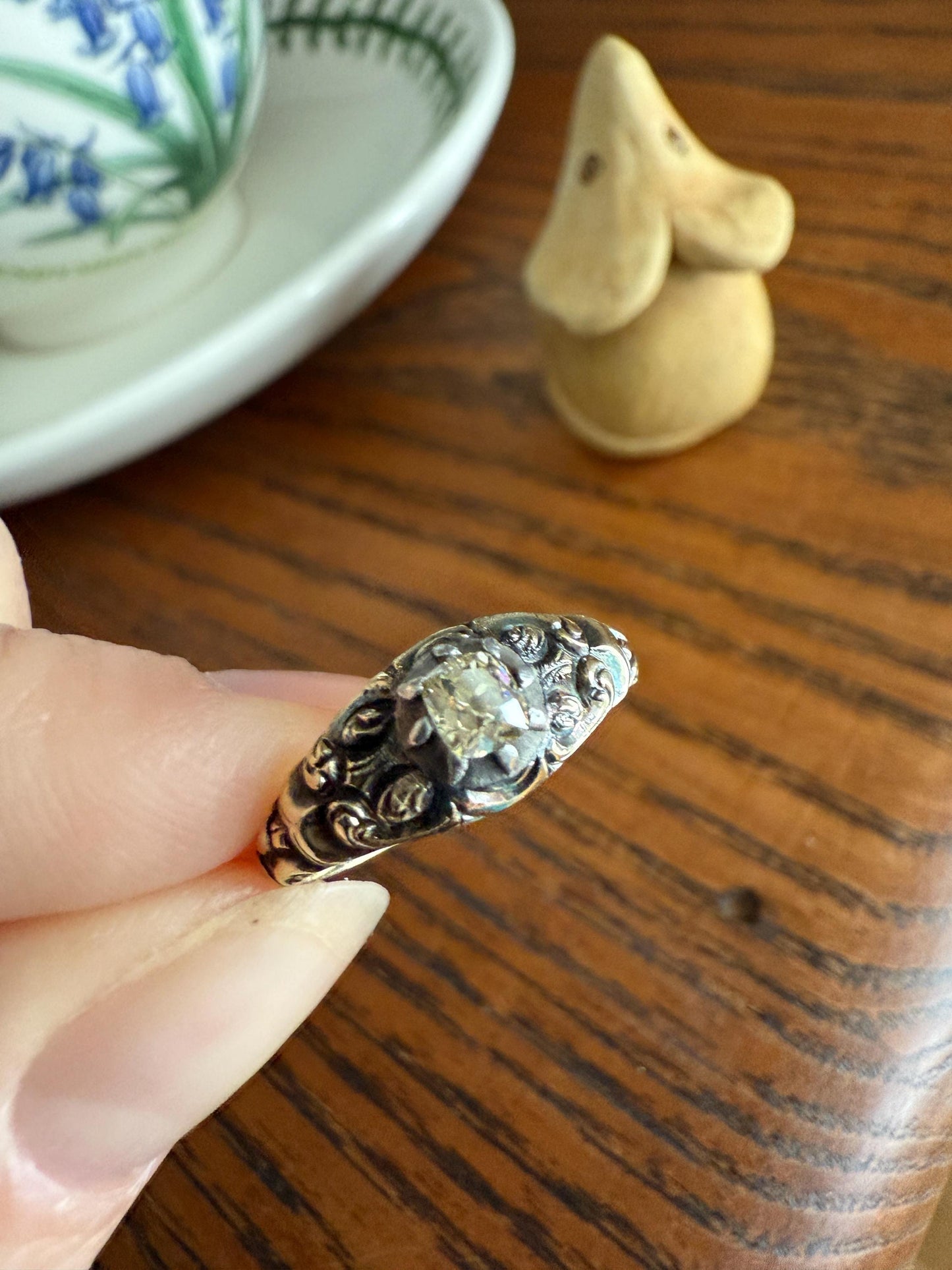 Antique Old Mine Cut DIAMOND Swirl Embossed Georgian ANTIQUE Ring Warm Pale Yellow Stone 14k Gold Silver Collet Band Stacker Solitaire Gift