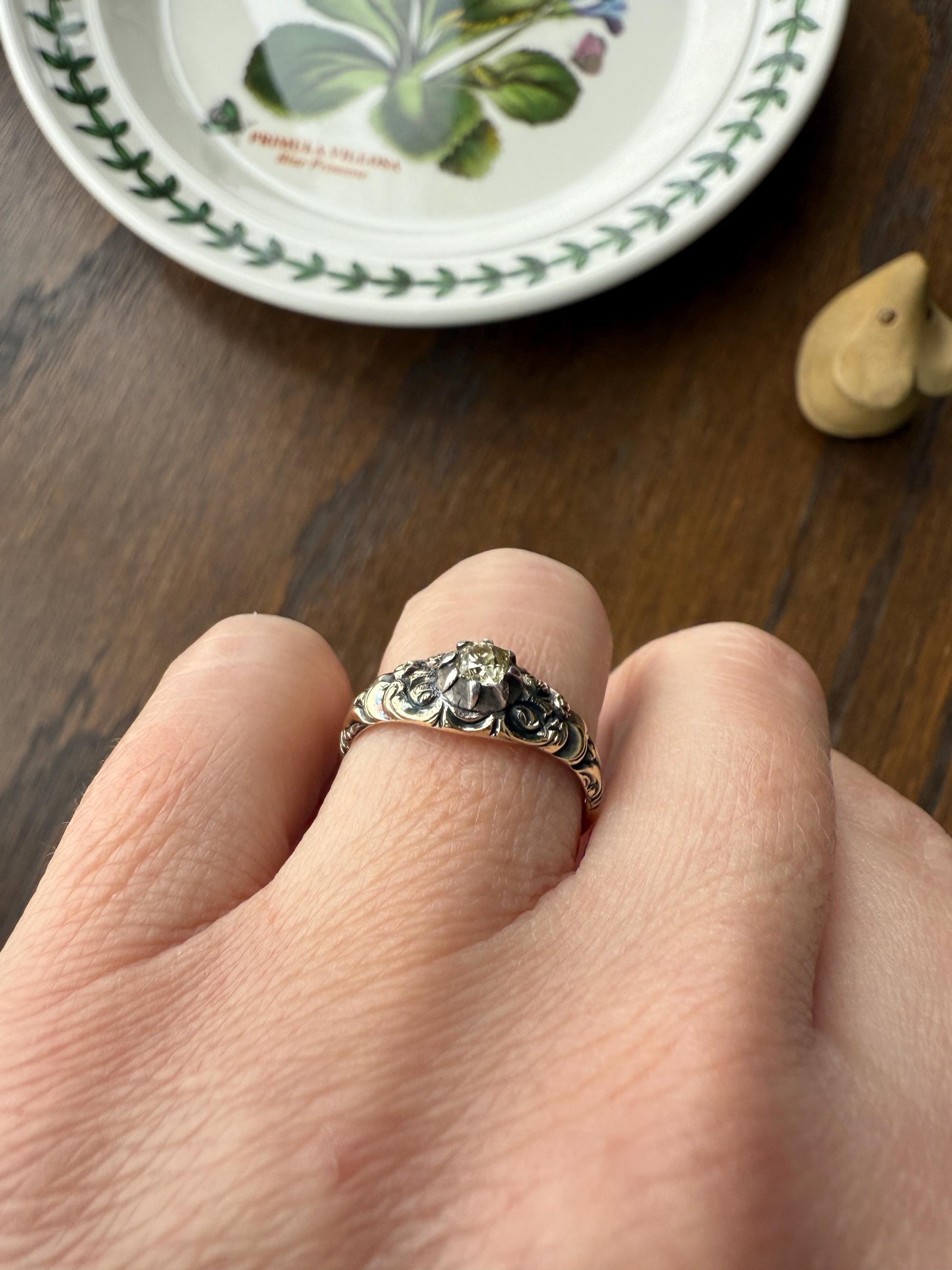 Antique Old Mine Cut DIAMOND Swirl Embossed Georgian ANTIQUE Ring Warm Pale Yellow Stone 14k Gold Silver Collet Band Stacker Solitaire Gift