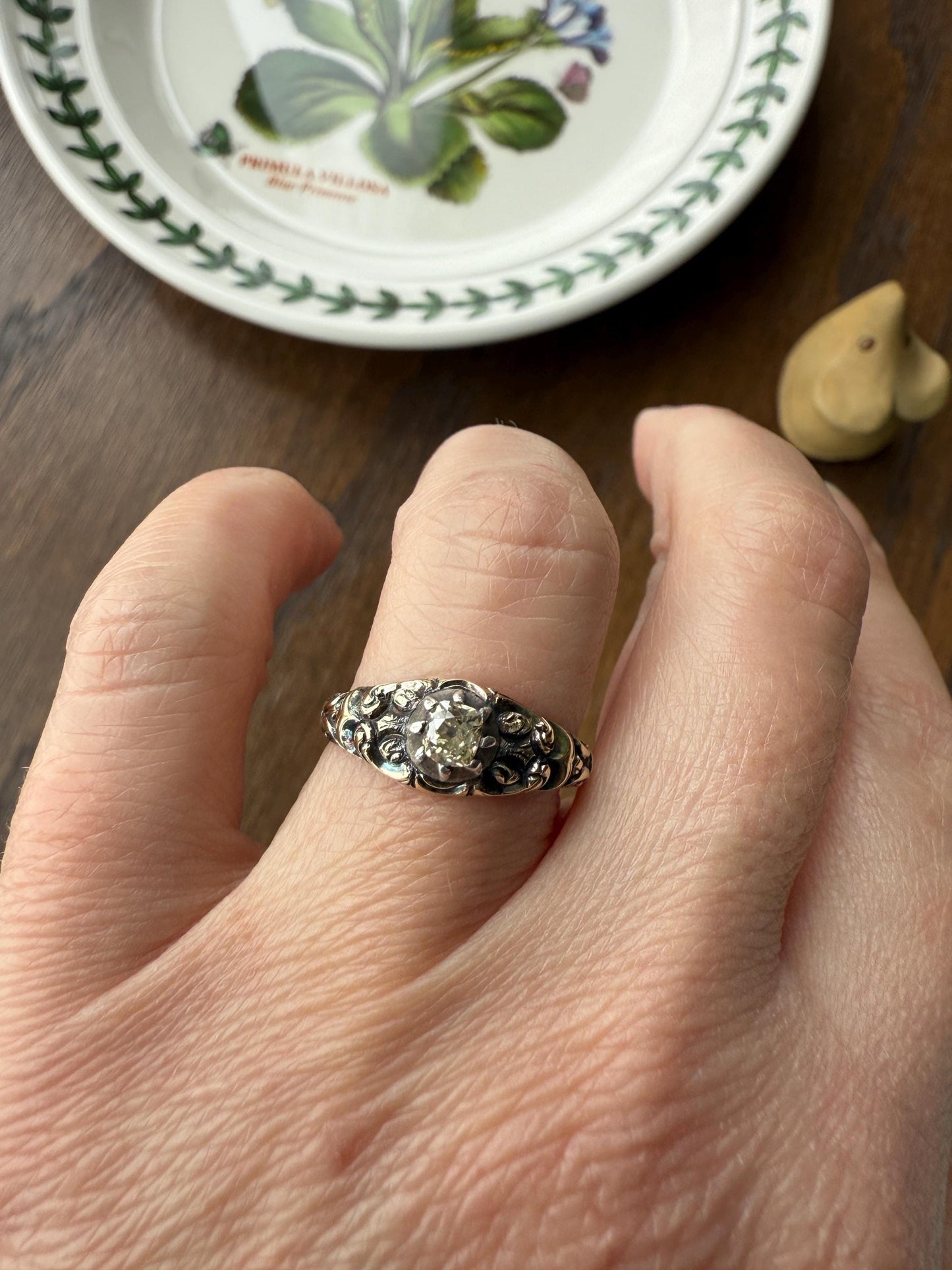 Antique Old Mine Cut DIAMOND Swirl Embossed Georgian ANTIQUE Ring Warm Pale Yellow Stone 14k Gold Silver Collet Band Stacker Solitaire Gift