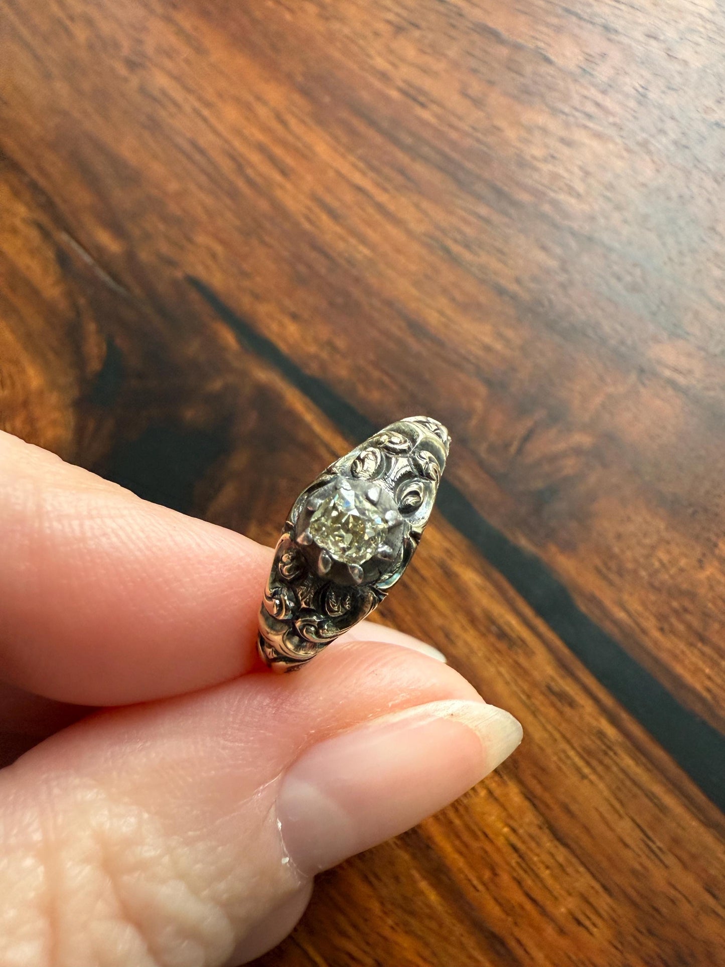 Antique Old Mine Cut DIAMOND Swirl Embossed Georgian ANTIQUE Ring Warm Pale Yellow Stone 14k Gold Silver Collet Band Stacker Solitaire Gift